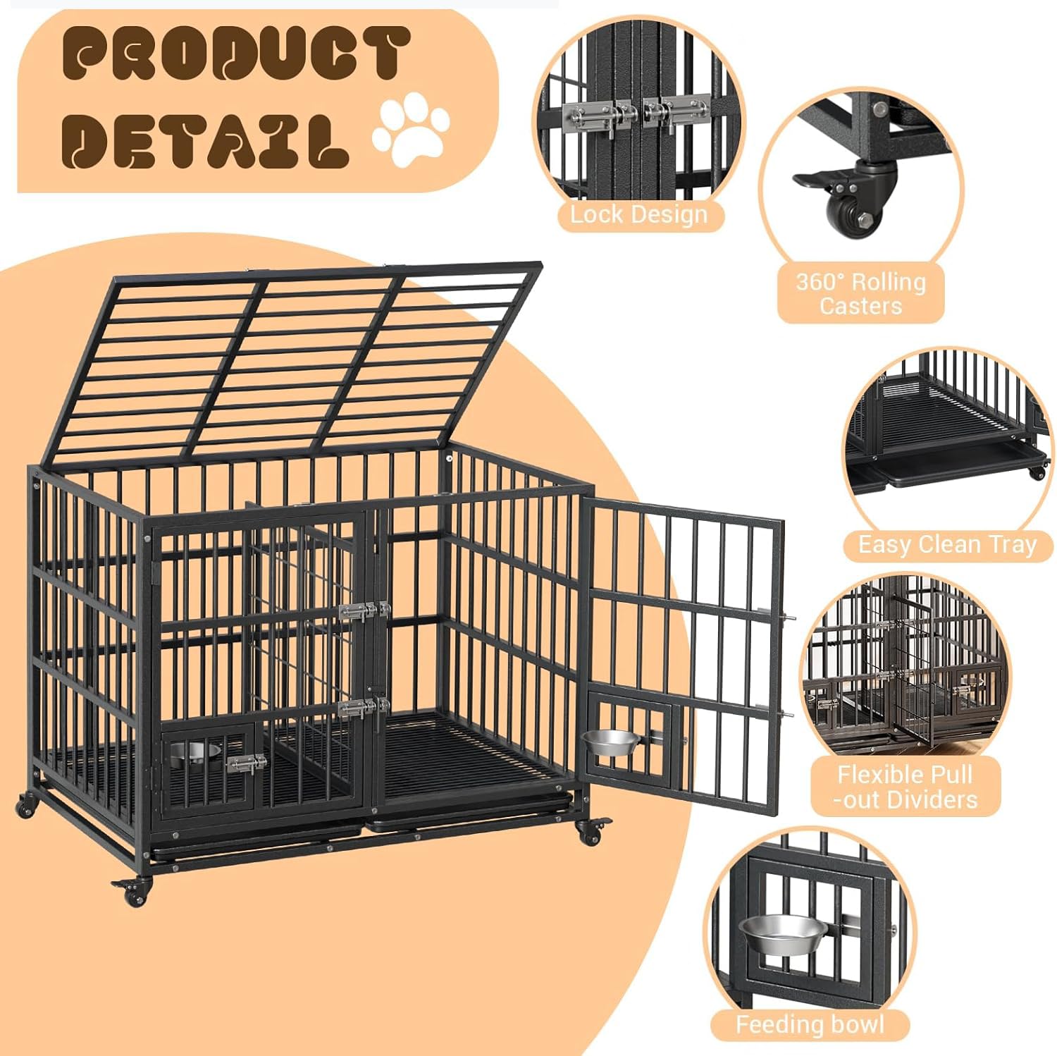 Garvee Trasportino per cani da 48 pollici con ruote, divisorio, robuste serrature, metallo, vassoio rimovibile per cani di piccola e grande taglia, per interni ed esterni, versatile, nero