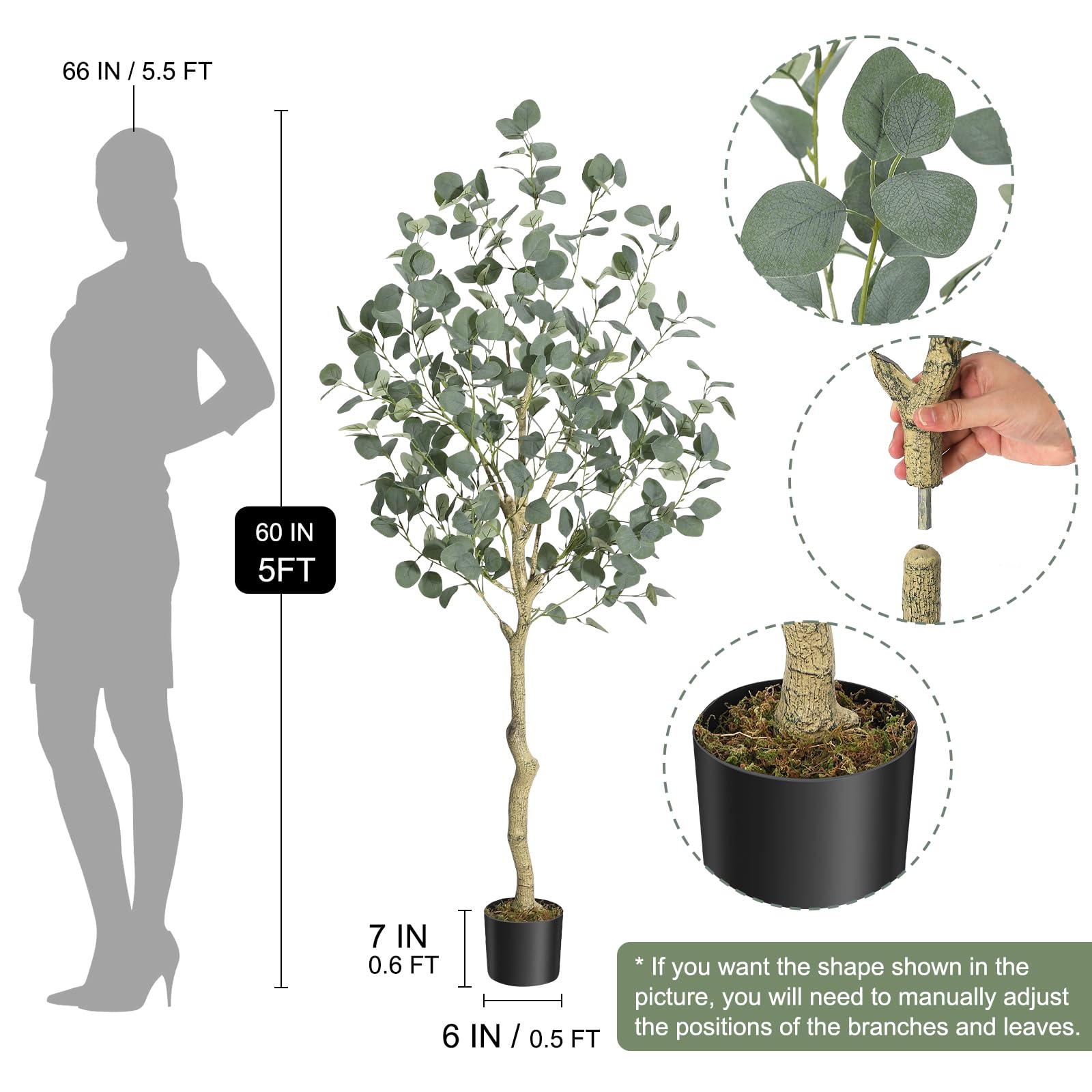 Albero di eucalipto artificiale Garvee alto 1,5 m con foglie di dollaro d'argento per ufficio e soggiorno, resistente ai raggi UV, senza manutenzione, rami regolabili, vaso di plastica