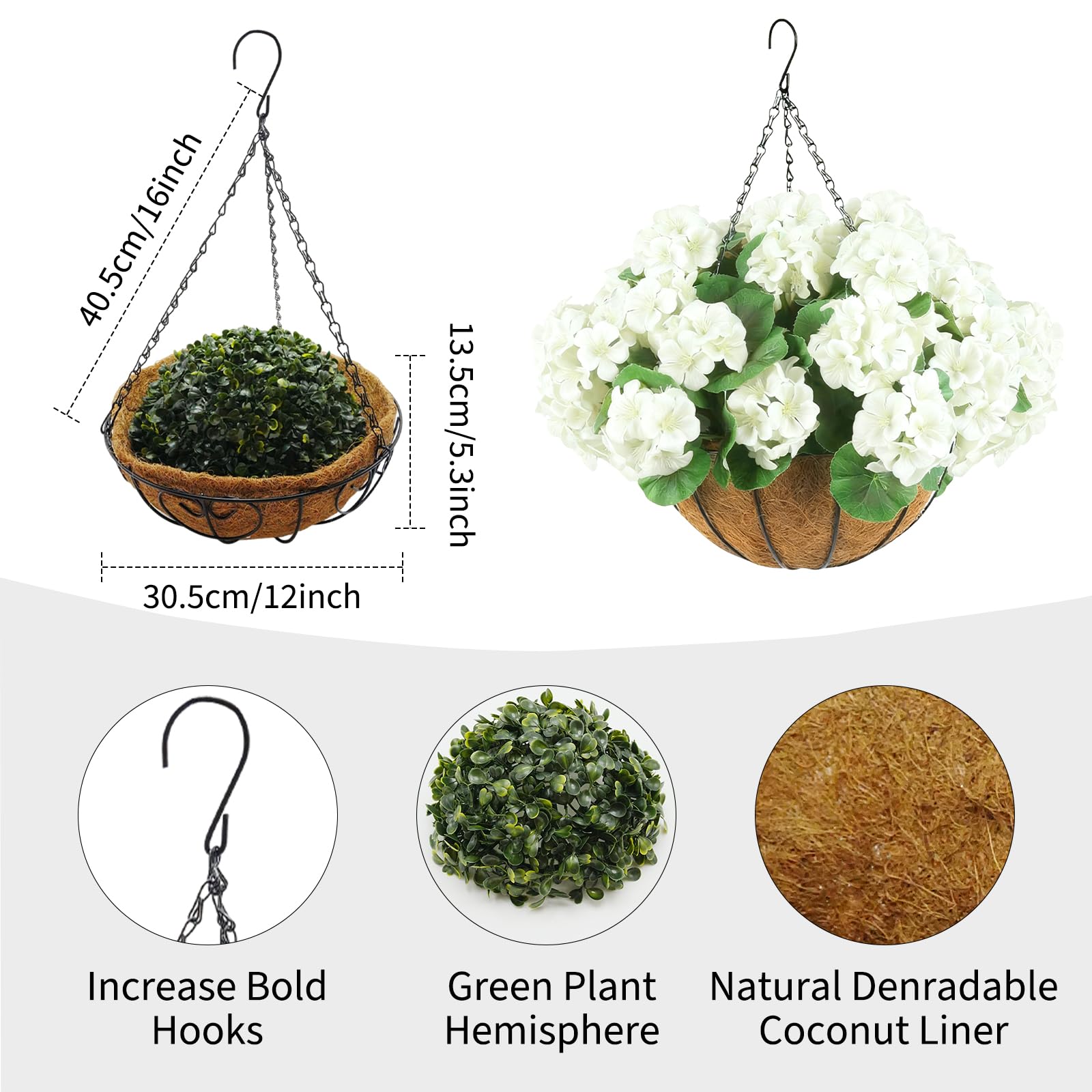 Garvee Set di 2 gerani artificiali da esterno, cesti appesi, bianchi, resistenti alle intemperie, per giardino, terrazza, Natale