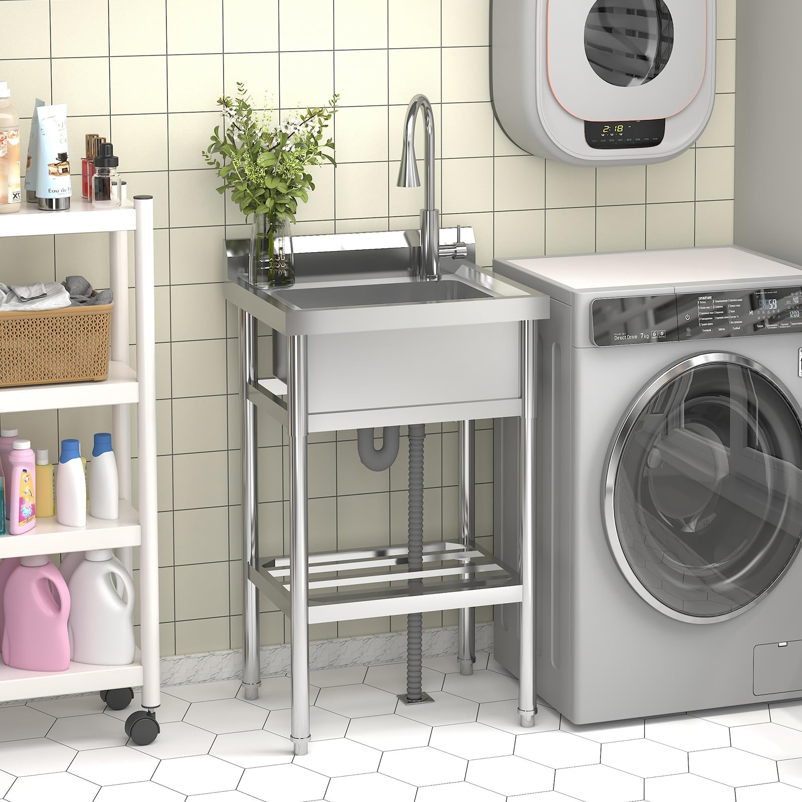 Lavello di servicio in acciaio inossidabile Garvee di grandi dimensioni 60x51x107 cm, lavello industriale da cucina e garage con fuoco e tropo pieno per uso commerciale e privato