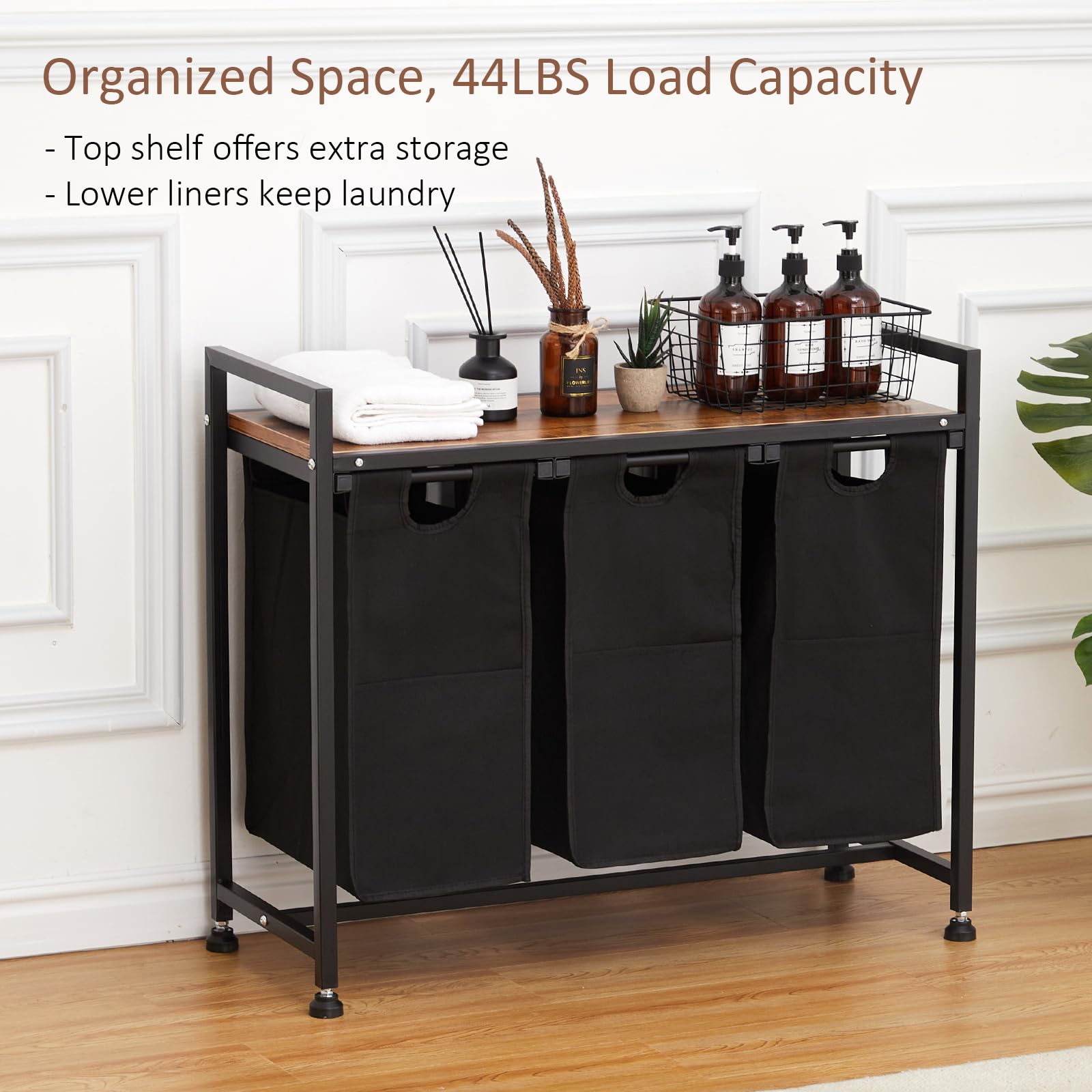 Garvee Cesto portabiancheria con 3 tasche rimovibili, contenitore per bagno e camera da letto, 130 l, tessuto Oxford e metallo in legno