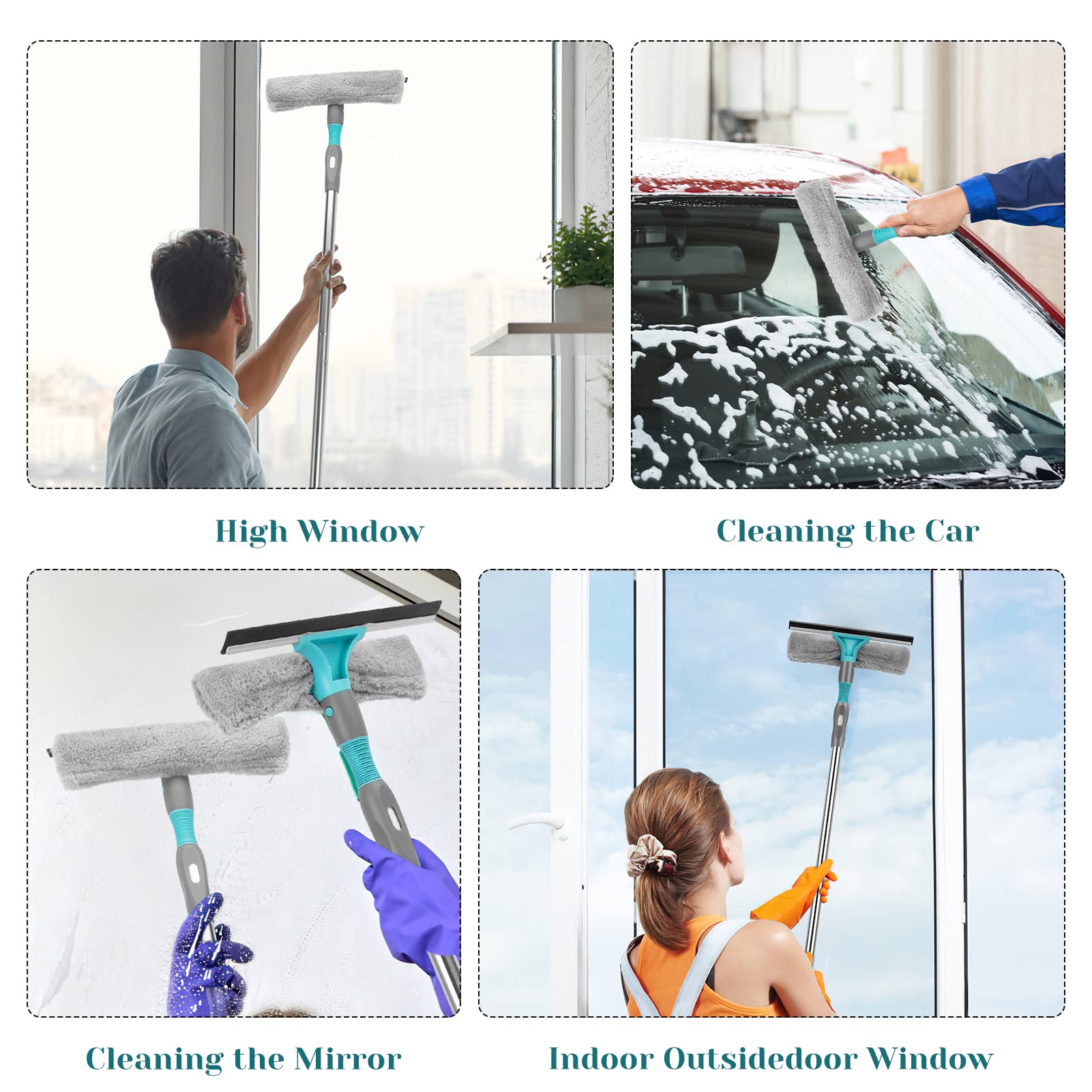 Raschietto per finestre Garvee 2 in 1 con asta telescopica da 65 pollici, testa flessibile, silicone, microfibra, acciaio inossidabile per finestre, docce e auto