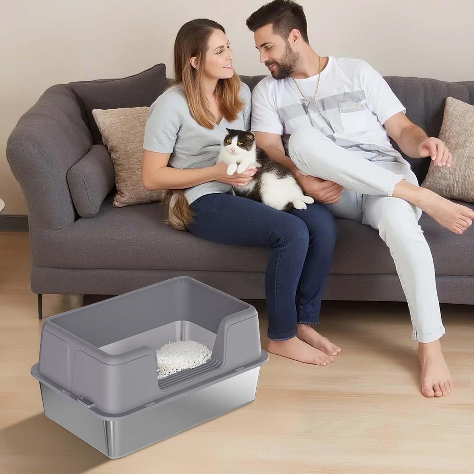 Lettiera per gatti Garvee in acciaio inox con tappetino antiscivolo e paletta per uso interno, antigraffio, inodore, chiusura sicura, facile da pulire