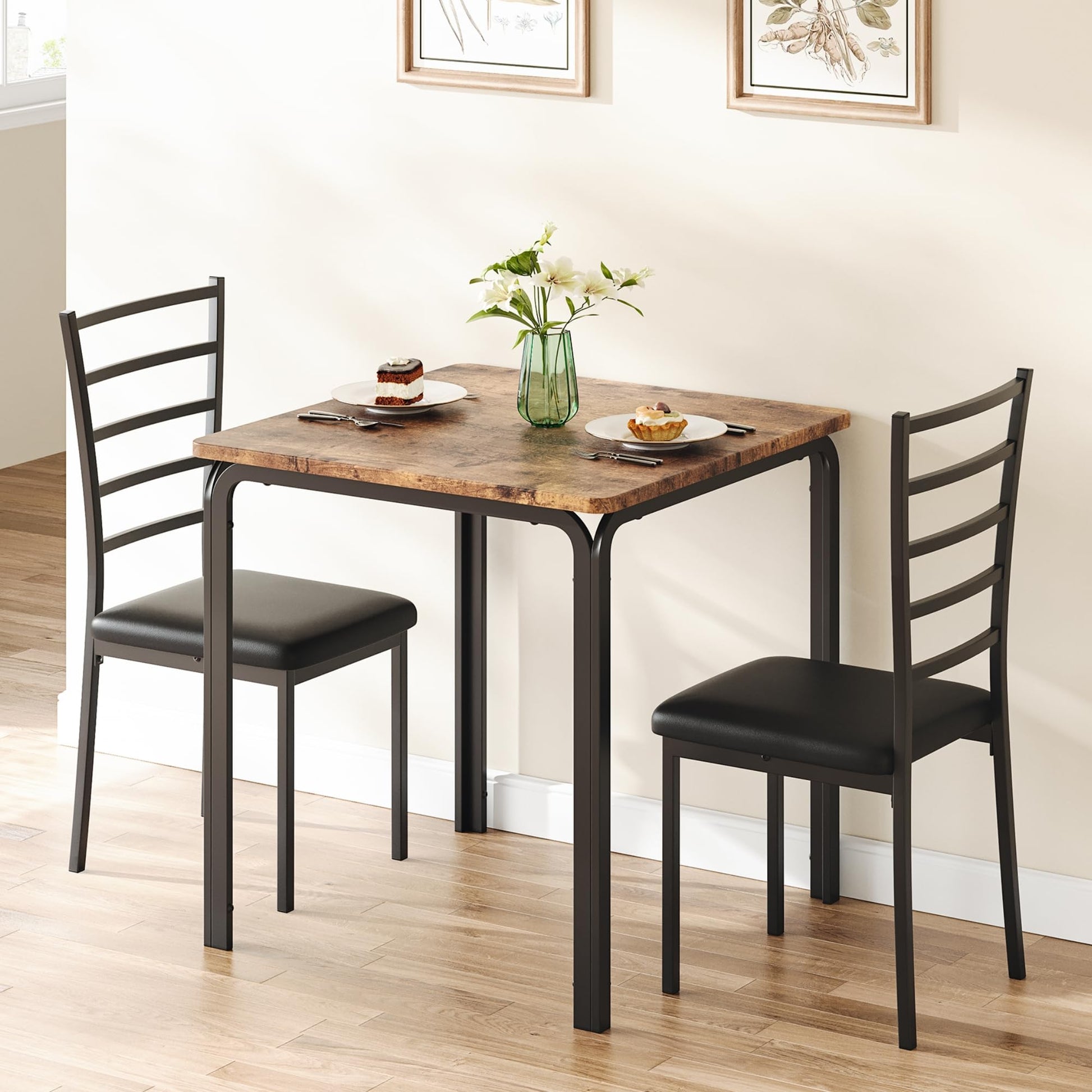 Set da pranzo Garvee da 3 pezzi per 2 persone con sedie imbottite, MDF e metallo, salvaspazio per cucina e ufficio, design moderno, robusto, nero