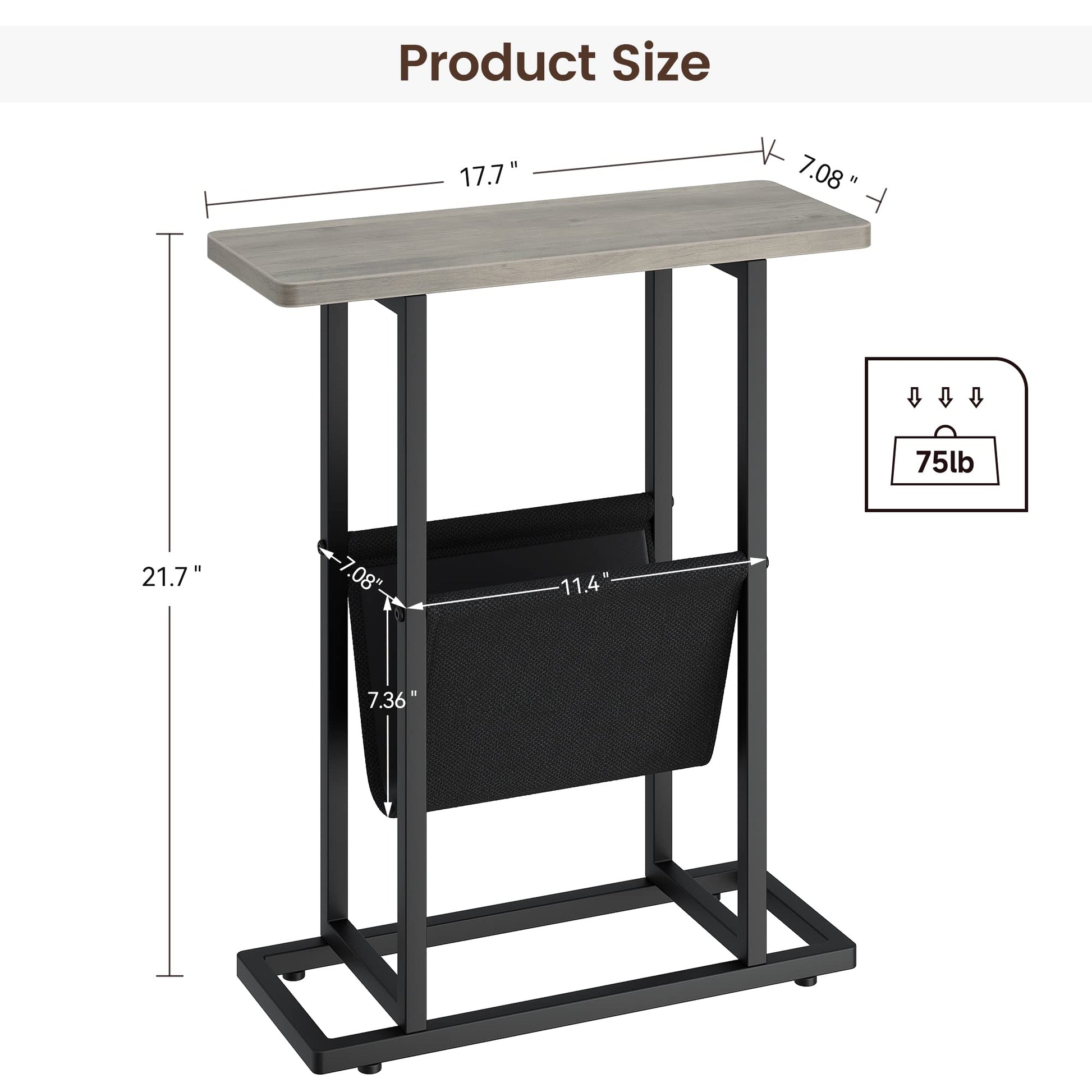 Tavolino laterale stretto Garvee per piccoli spazio con spazio per archiviazione, soggiorno, ufficio, 17.7"L*7.08"W*21.7"H, grigio