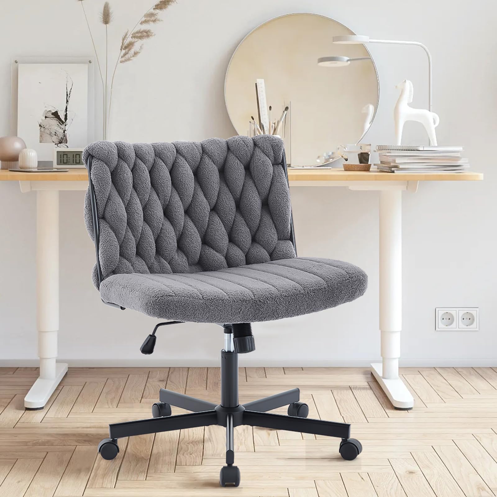 Sedia da ufficio Garvee Criss Cross con rotelle, seduta ampia, girevole a 360°, struttura in metallo, senza braccioli, design moderno per ufficio domestico e toeletta, 26 pollici, nero