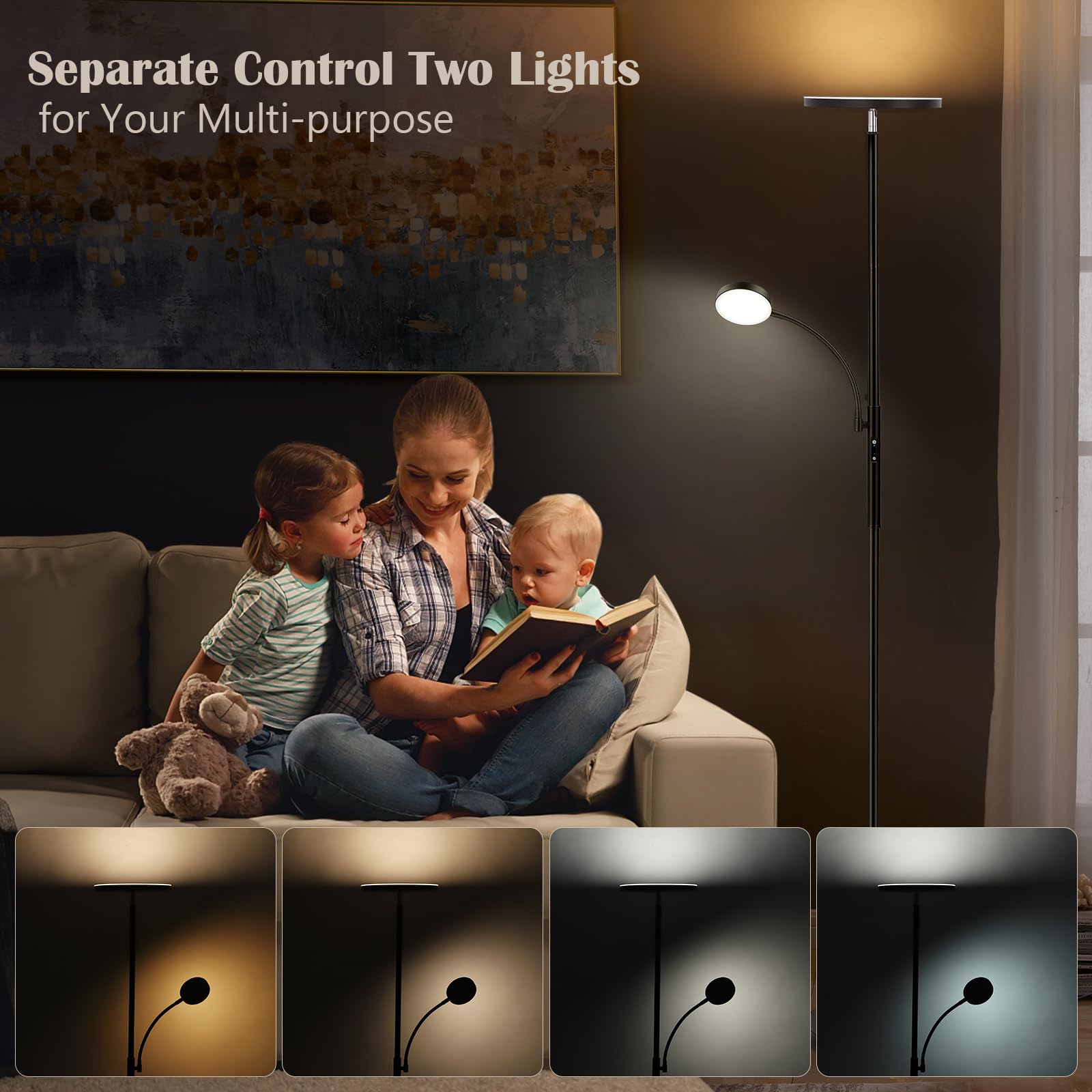 Lampada da terra a LED GARVEE, dimmerabile con luce di lettura, per soggiorno, camera da letto, ufficio, 175 cm, nero