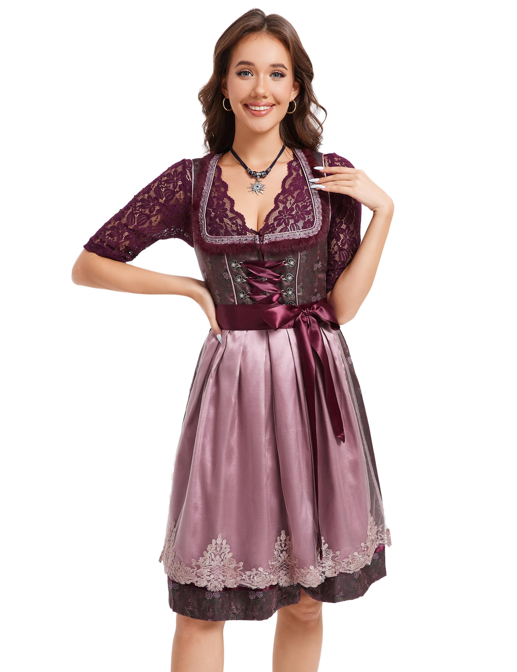 Garvee Dirndl Abito tradizionale da donna in jacquard rosso vino Midi Oktoberfest Outfit 42 Bordeaux Rosso Rosa Scuro
