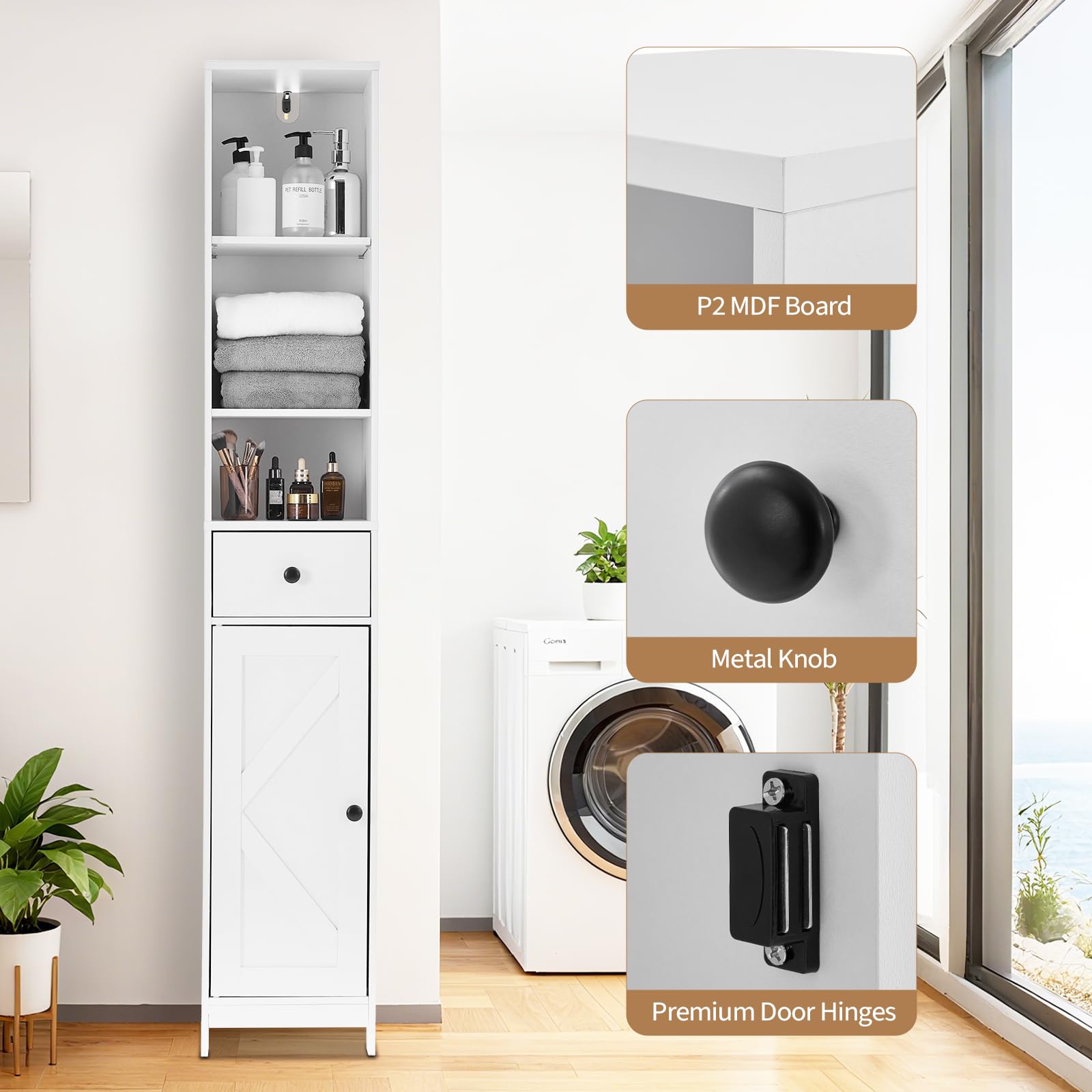 Mobiletto da bagno alto Garvee da 170 cm con ante scorrevoli, 3 ripiani, legno, nero, versatile per bagno e corridoio, sottile