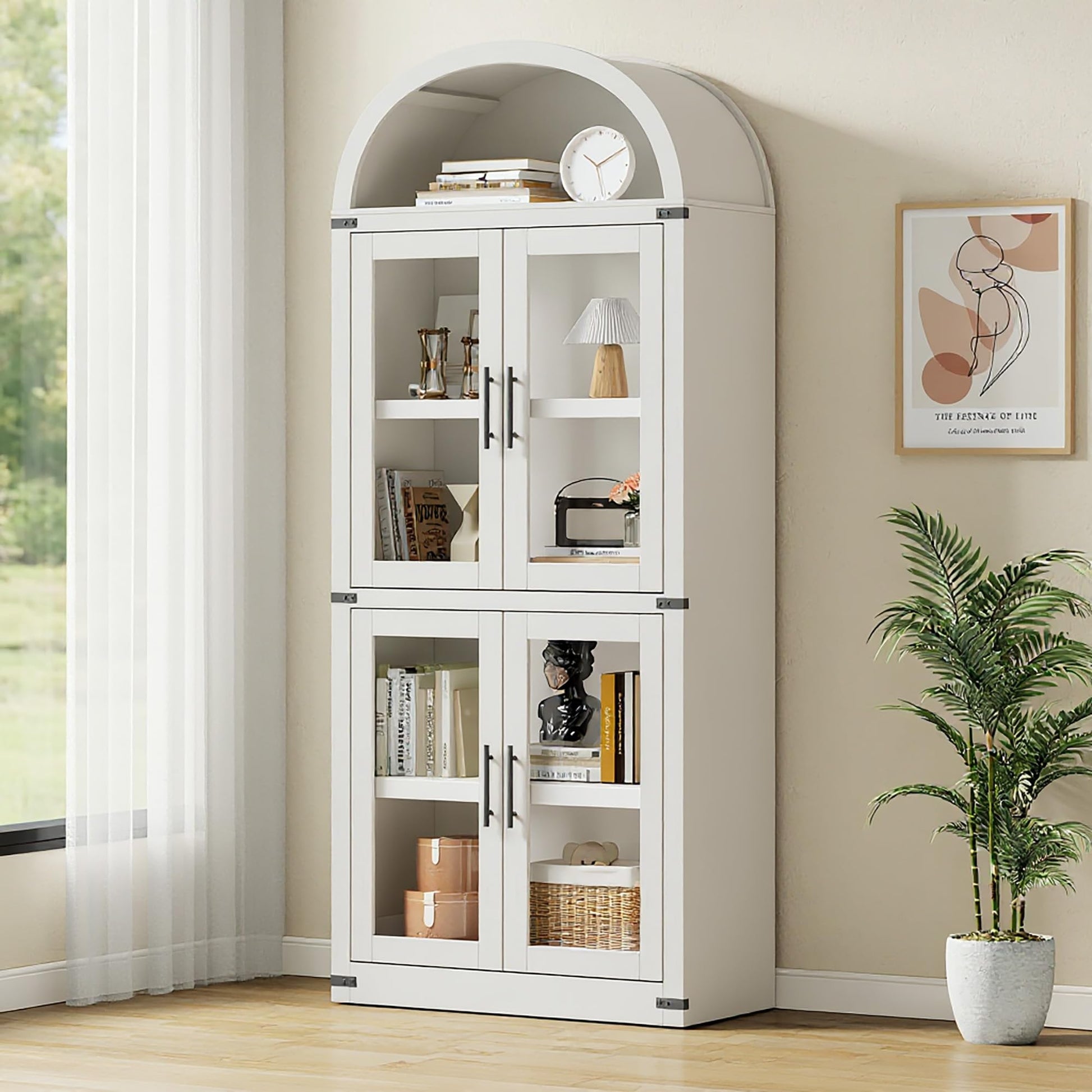 Libreria ad arco Garvee in stile rustico con ante per soggiorno e ufficio, 180 cm in legno, angoli in metallo, profondità 40 cm, robusta, eleganza moderna