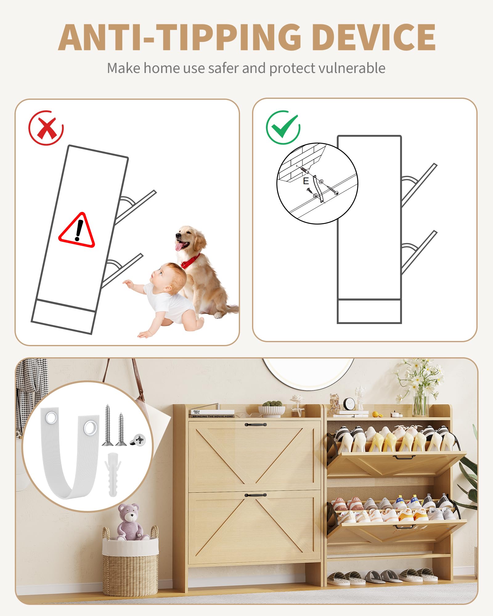 Garvee Scarpiera con 2 cassetti pieghevoli, marrone rustico, per corridoio e ingresso, resistente, salvaspazio, in legno