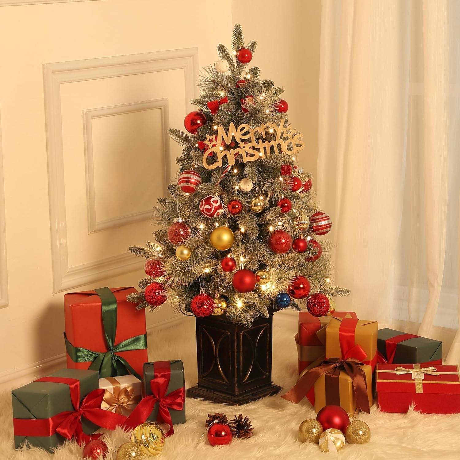 Albero di Natale Artificiale Garvee 90 cm con 78 LED Bianco Caldo - 8 Modalità Luce, Fibra Ottica, Effetto Gelo e Base Semicircolare