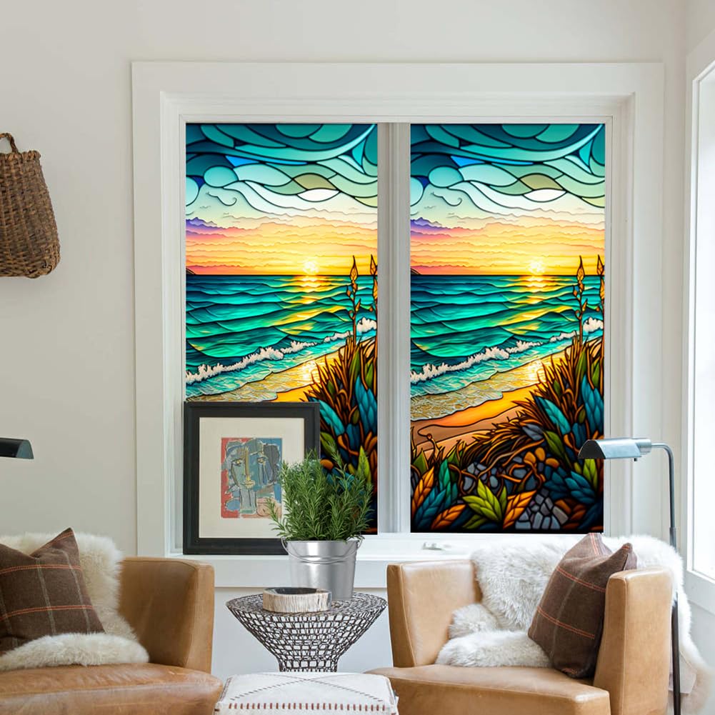 Pellicola per finestre in PVC Garvee 60x100cm motivo tramonto sul mare, protezione UV, isolamento termico, colorata, per finestre residenziali e uffici