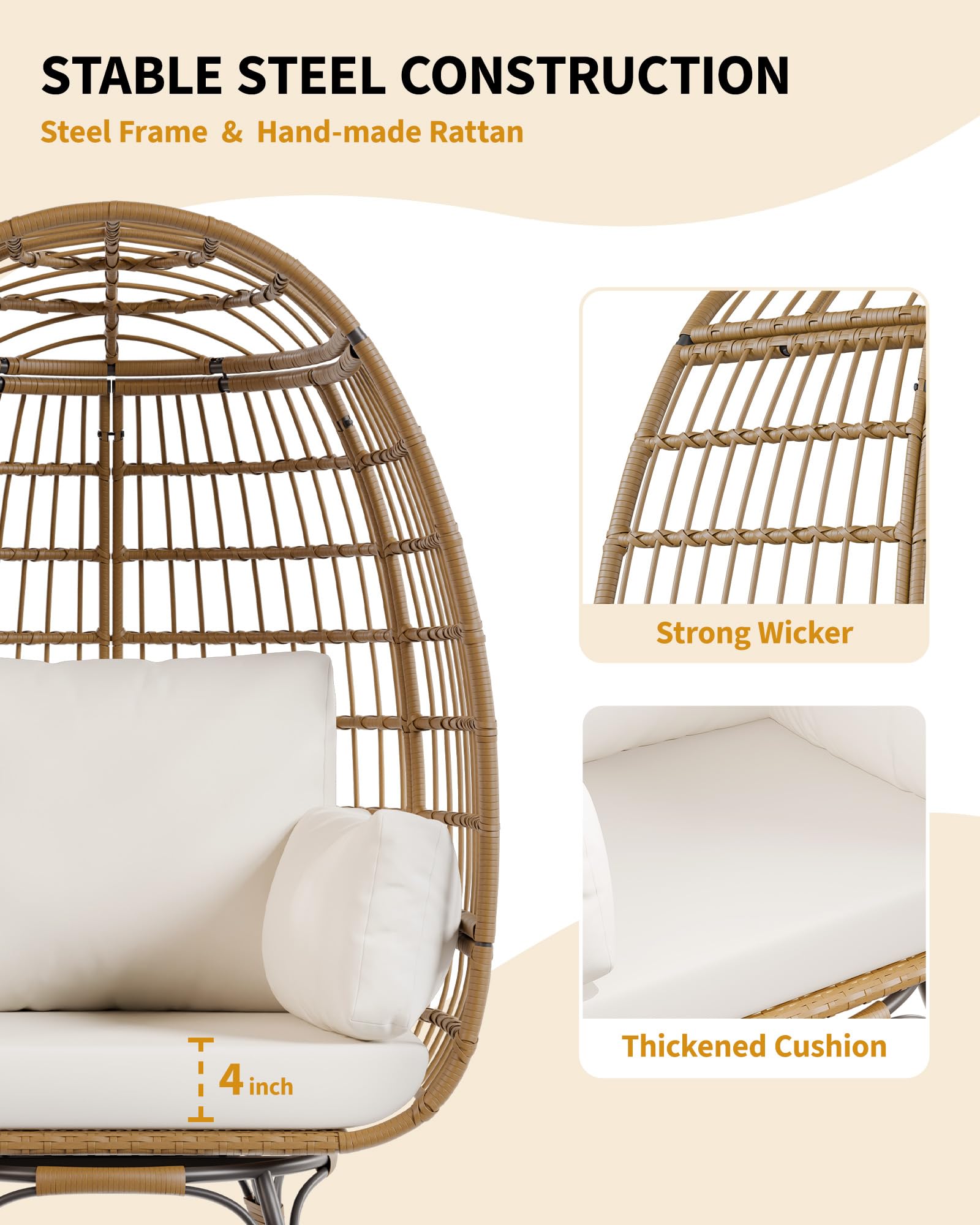 Sedia a uovo in rattan Garvee Oversize, girevole a 360°, con struttura in acciaio e 4 cuscini, per uso interno ed esterno, beige