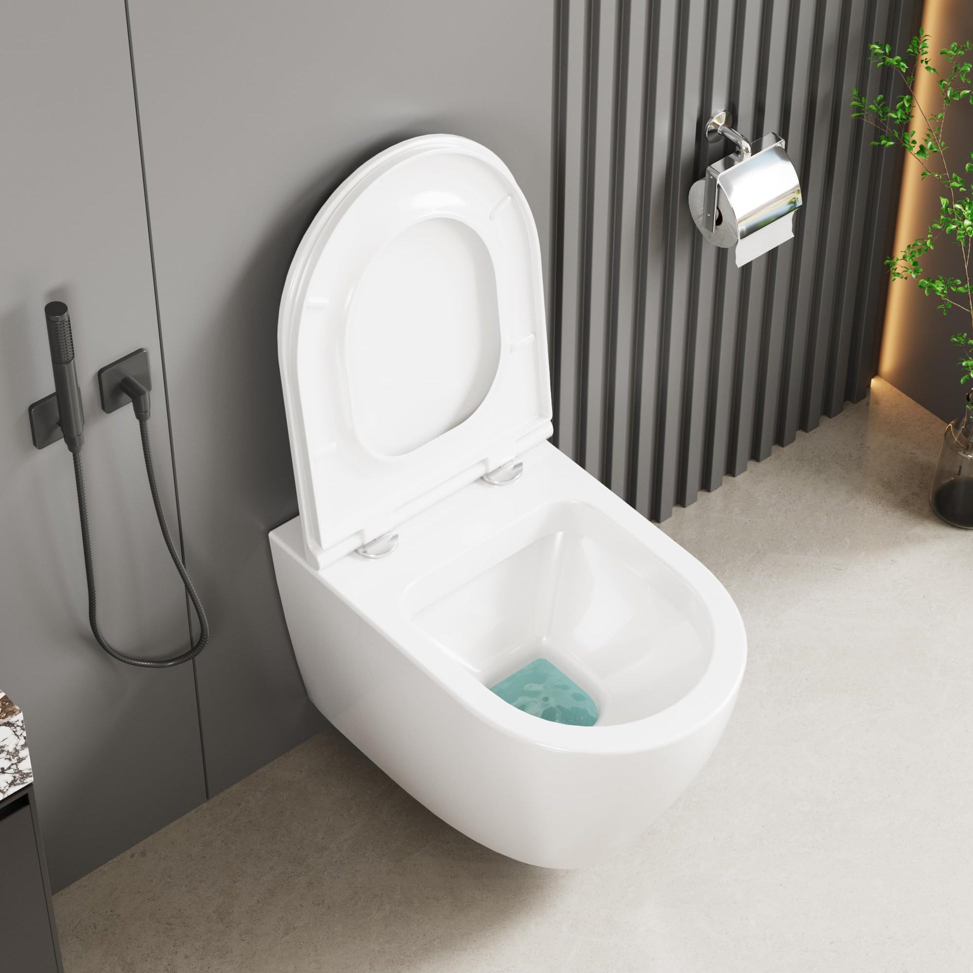 GARVEE WC Sospeso Senza Bordi Wc sospeso in ceramica, forma a D, 55,5 cm, bianco, con coperchio automatico, per bagni moderni