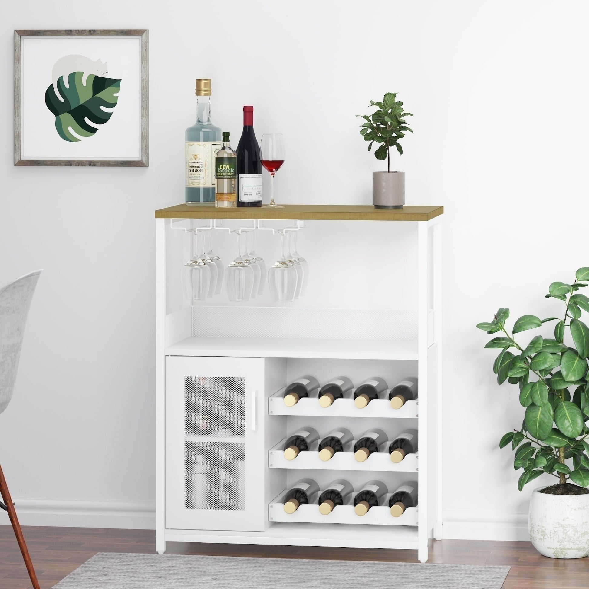 Mobile bar per vino Garvee, 3 ripiani con portabottiglie rimovibile per cucina e bar, 69,1 cm L x 35,1 cm P x 91,9 cm A, bianco, robusto MDF e ferro