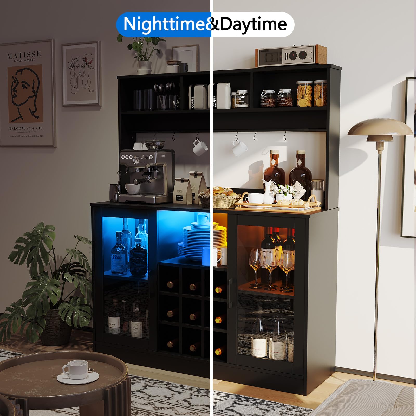Mobile bar per vino Garvee con luce LED e presa, 9 portabottiglie e 6 ganci, in truciolato, per cucina e soggiorno, ripiano regolabile, design moderno