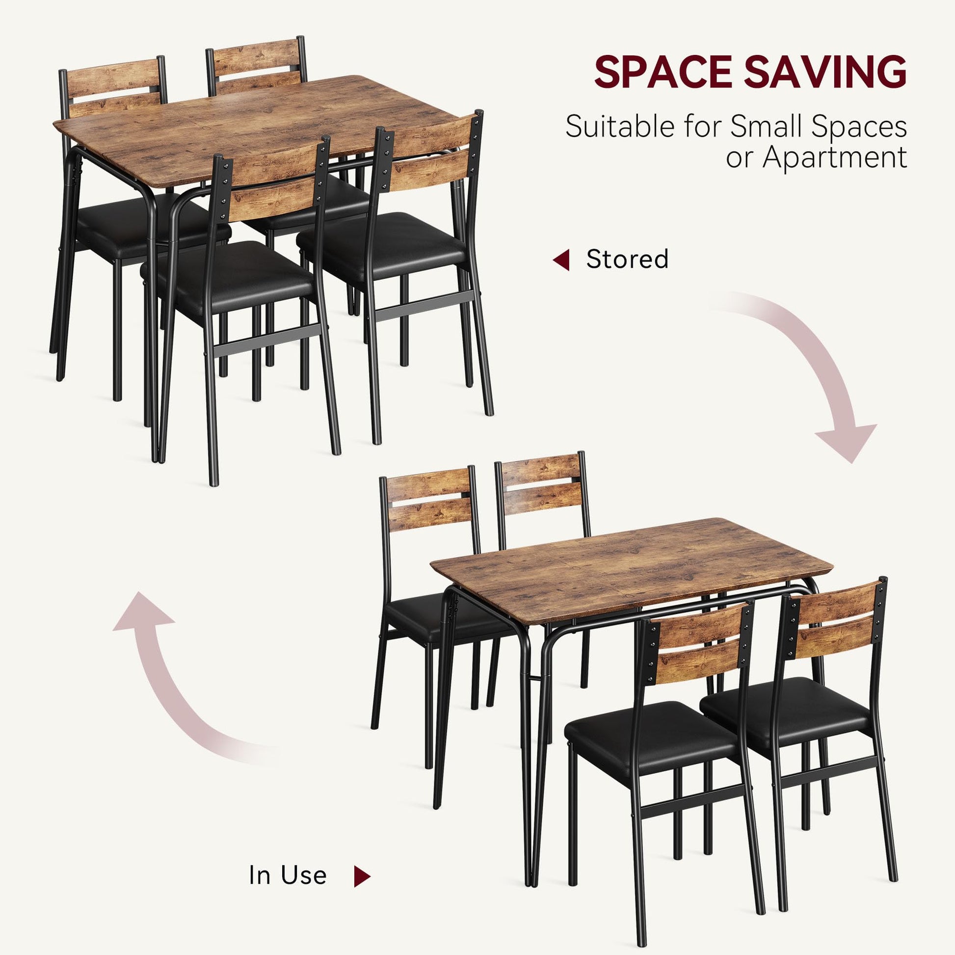 Set da pranzo Garvee per 4 persone, quadrato, con sedie imbottite, piano in MDF, struttura robusta in metallo, salvaspazio, per cucina e sala da pranzo