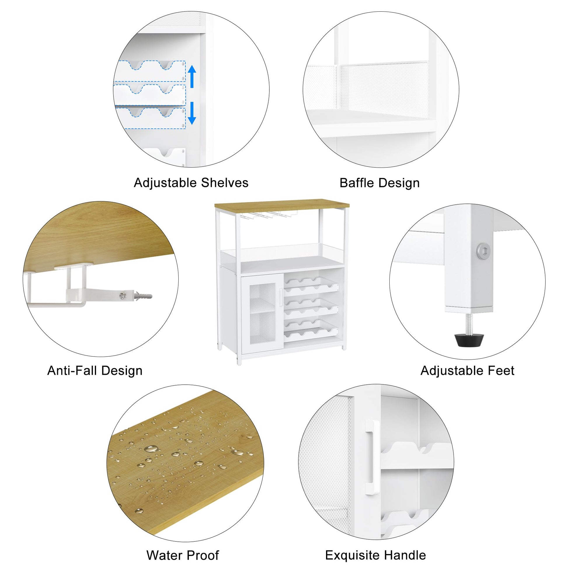 Mobile bar per vino Garvee, 3 ripiani con portabottiglie rimovibile per cucina e bar, 69,1 cm L x 35,1 cm P x 91,9 cm A, bianco, robusto MDF e ferro