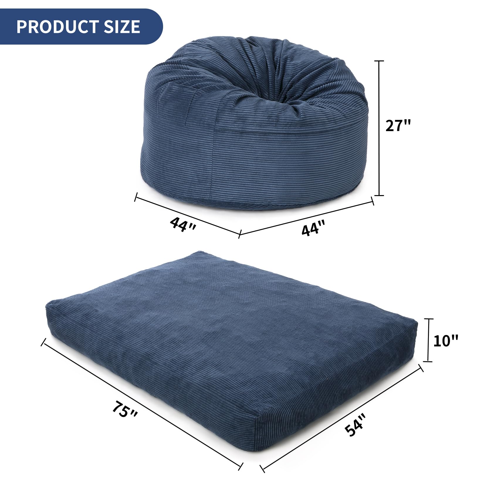 Poltrona a bag Garvee, funzione 2 in 1, con imbottitura in schiuma, rivestimento in velluto a coste, blu navy, per soggiorno e camera da letto, grande, comoda