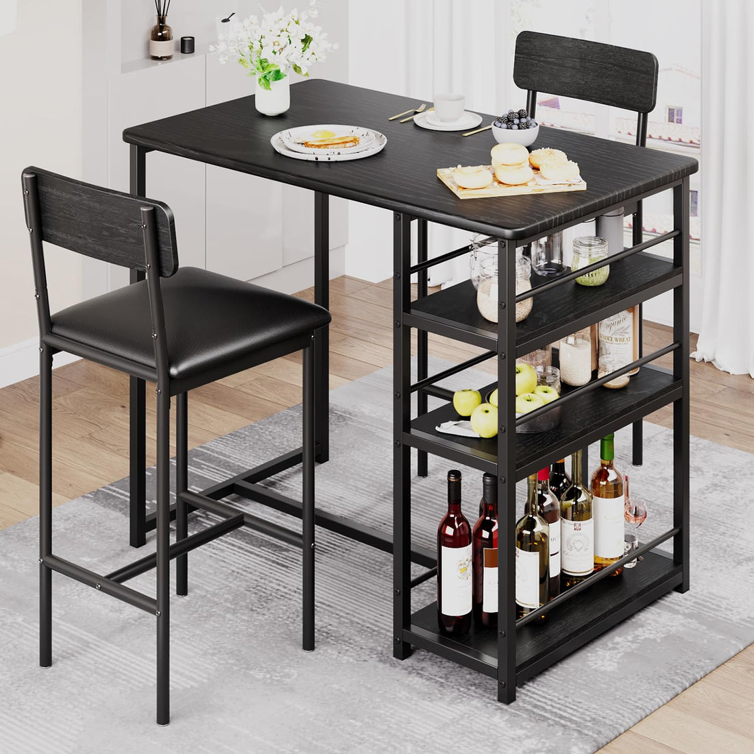 Set da pranzo Garvee per 2 persone con sgabelli da bar imbottiti, 3 ripiani, MDF robusto e acciaio, nero rustico, salvaspazio, ideale per punch piccole