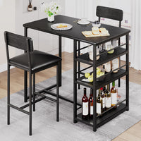 Set da pranzo Garvee per 2 persone con sgabelli da bar imbottiti, 3 ripiani, MDF robusto e acciaio, nero rustico, salvaspazio, ideale per punch piccole