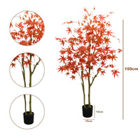 Garvee - Set di 2 aceri artificiali da 150 cm, decorazione autunnale, ignifugo, foglie realistiche, vaso robusto, per soggiorno e ufficio, rosso