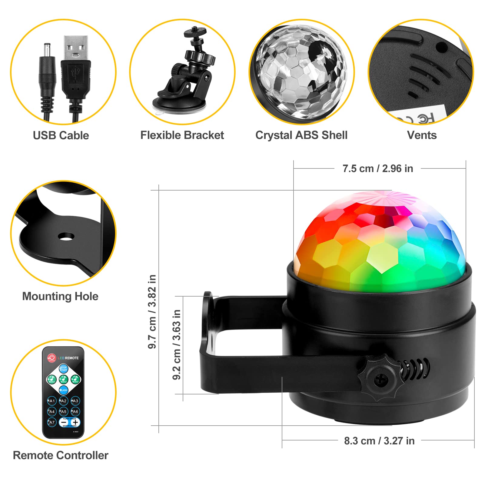 Garvee Luci per feste USB LED Disco Ball 6W, 7 modalità, Attivazione sonora, Telecomando, Plastica, Ventosa, 2 pezzi, Halloween, Festa, Bar