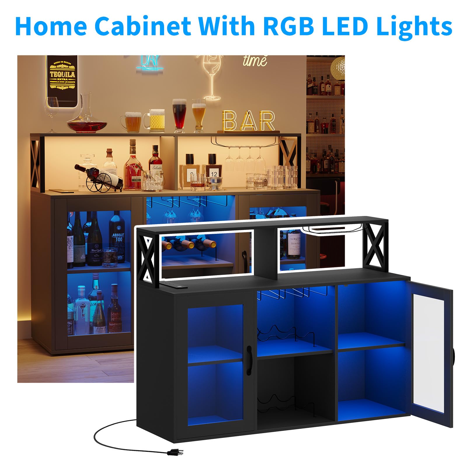 Mobile bar per vino Garvee con portabottiglie, luce LED RGB, stazione di ricarica, ripiani regolabili, legno, in piedi per cucina e soggiorno