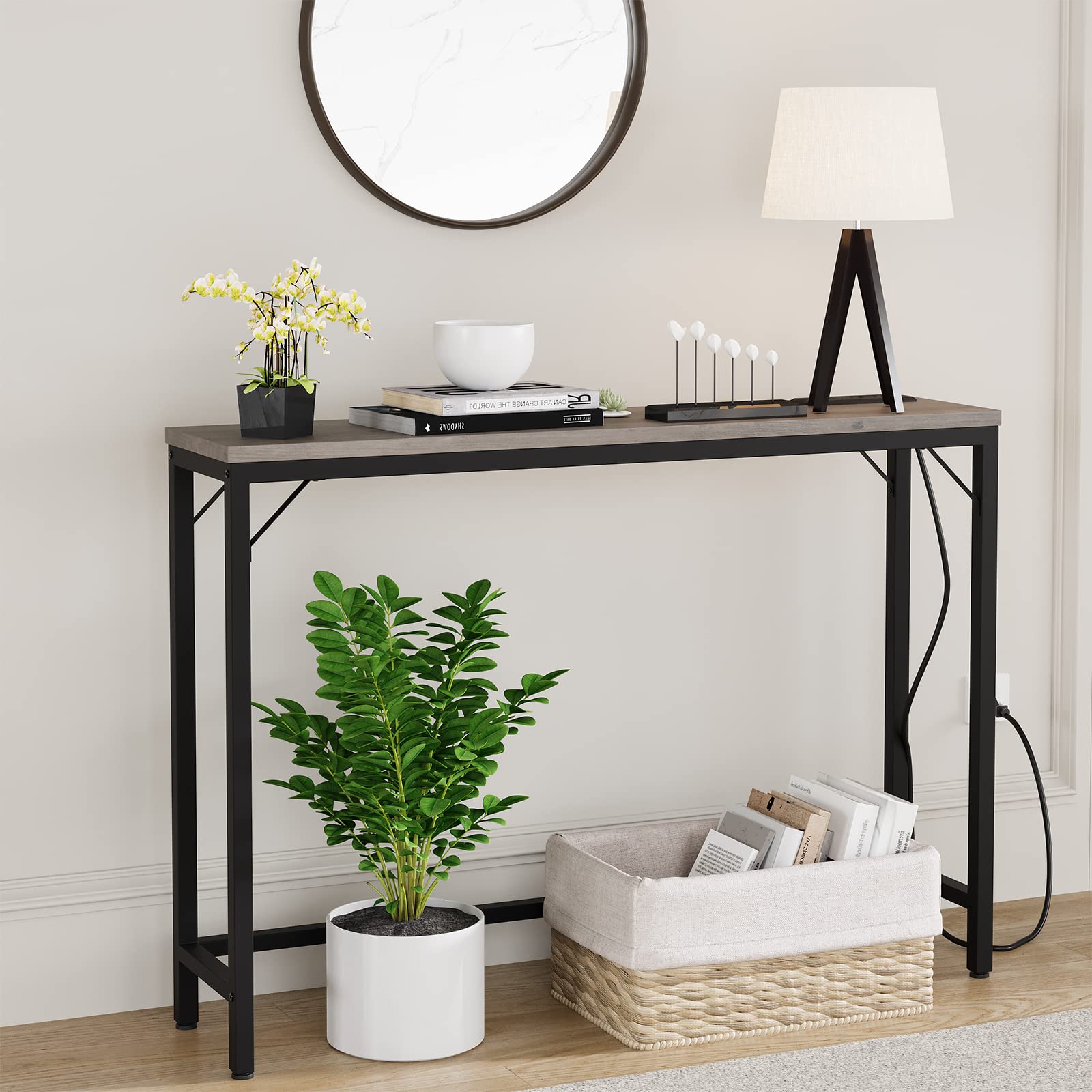 GARVEE Tavolo Consolle Stretto con Porta USB, 100x23x80 cm, Legno Vintage, Marrone e Nero, per Ingresso e Soggiorno