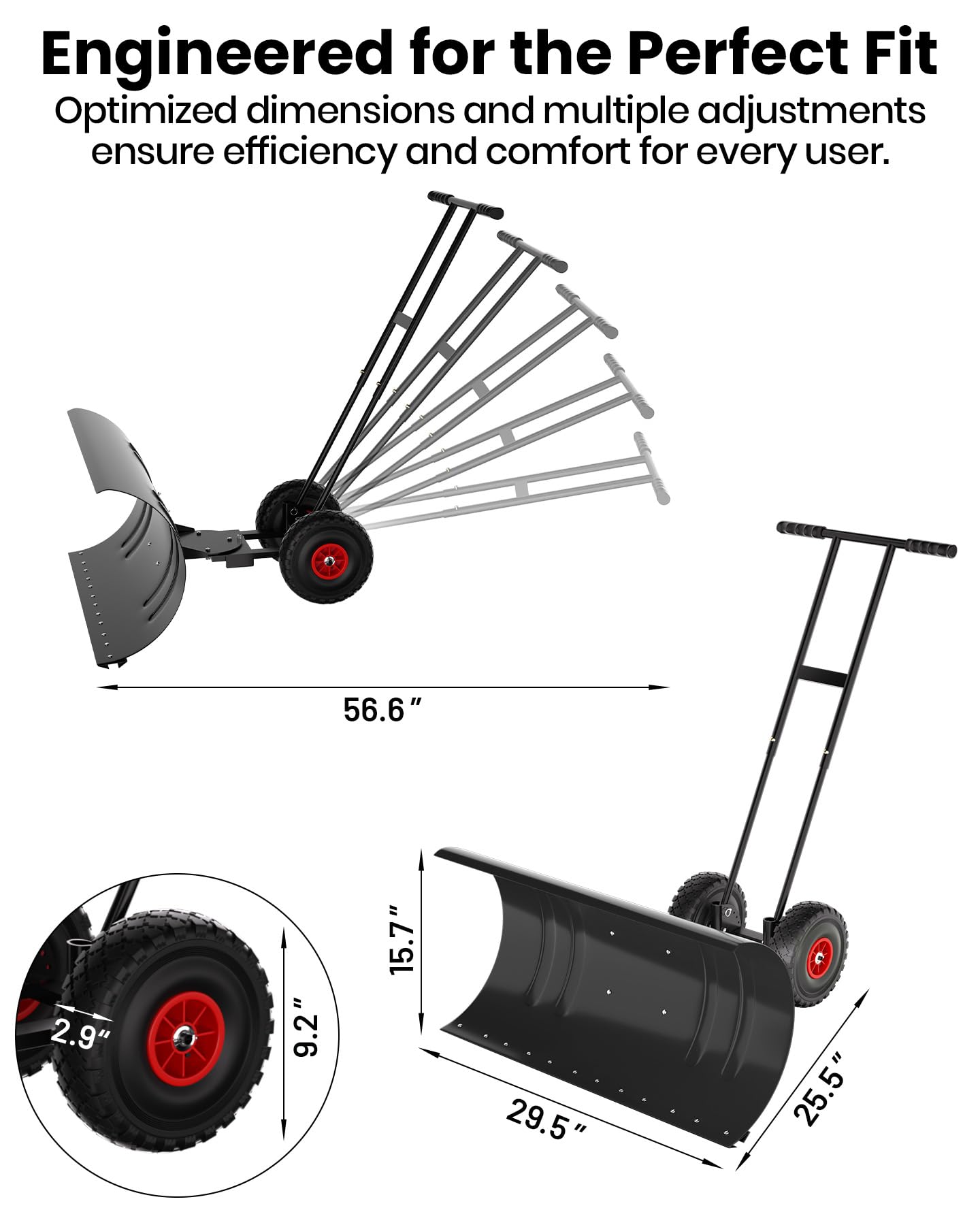 Pala da neve Garvee con ruote, lama in acciaio da 29", regolabile in 7 posizioni, impugnatura ergonomica, base in plastica, ruote in gomma da 9,3", ideale per vialetti