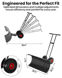 Pala da neve Garvee con ruote, lama in acciaio da 29", regolabile in 7 posizioni, impugnatura ergonomica, base in plastica, ruote in gomma da 9,3", ideale per vialetti