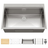 Garvee Lavello Cucina Acciaio Inox 16 Gauge Fatturabile, Vasca Singola Profonda 33x56 cm, Tagliere e Accessori Integrati, Antirumore per Cucine Moderne - Vasca Singola Con Gradini 84*56*25 cm Spazzolato + Tagliere in Bambù + Cesto Scarico + Colino + Rete Fondale + Persiana Scorrevole