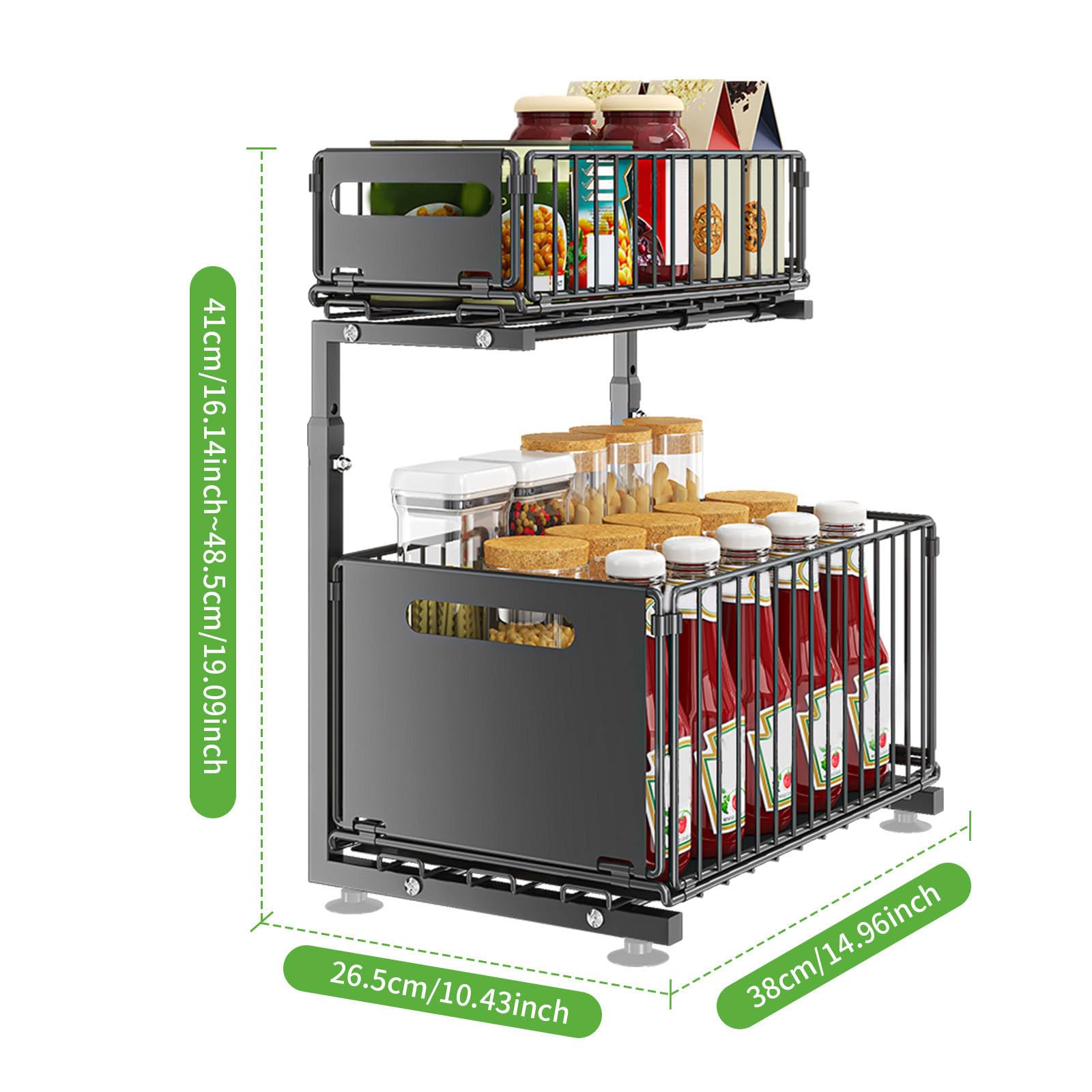 Organizzatore sottolavello Garvee con sistema di ripiani scorrevoli a 2 livelli, altezza regolabile, struttura in acciaio, antiscivolo, nero per cucina e bagno, 26,7 cm di larghezza x 37,2 cm di profondità x 41,9 cm-48,9 cm di altezza