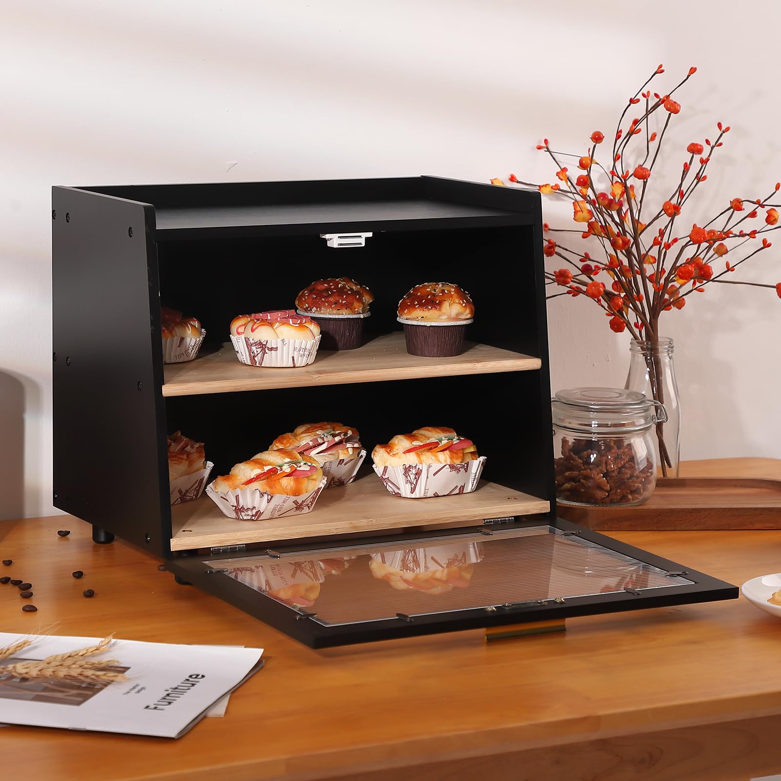 Garvee Contenitore Pane a Doppio Strato con Finestra, Grande Capacità, Bamboo Resistente, Chiusura Magnetica, Nero e Oro, Cucina Moderna