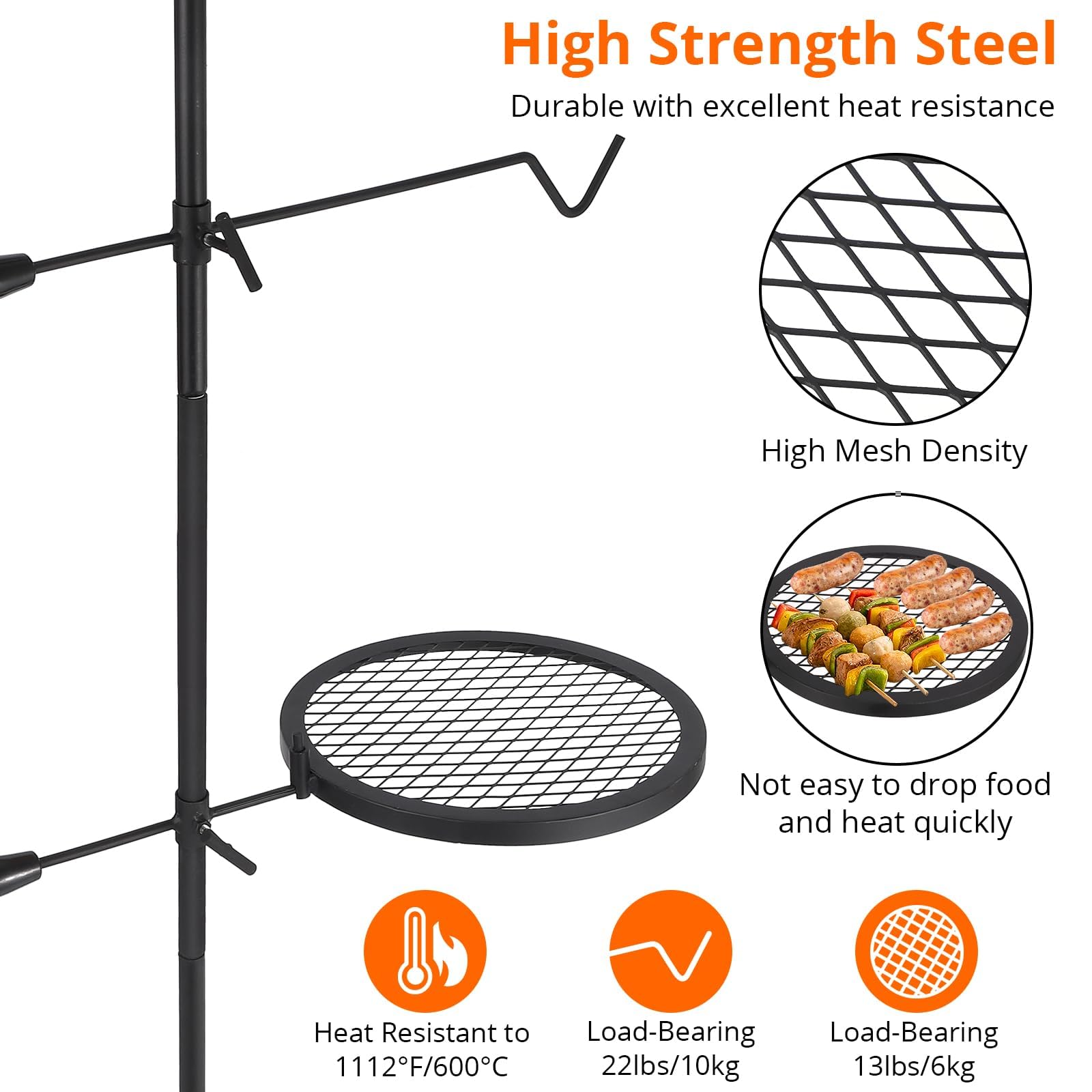 Griglia girevole per falò Garvee, regolabile a 360°, pieghevole, in rete di acciaio, portatile con borsa per il trasporto, per campeggio e barbecue