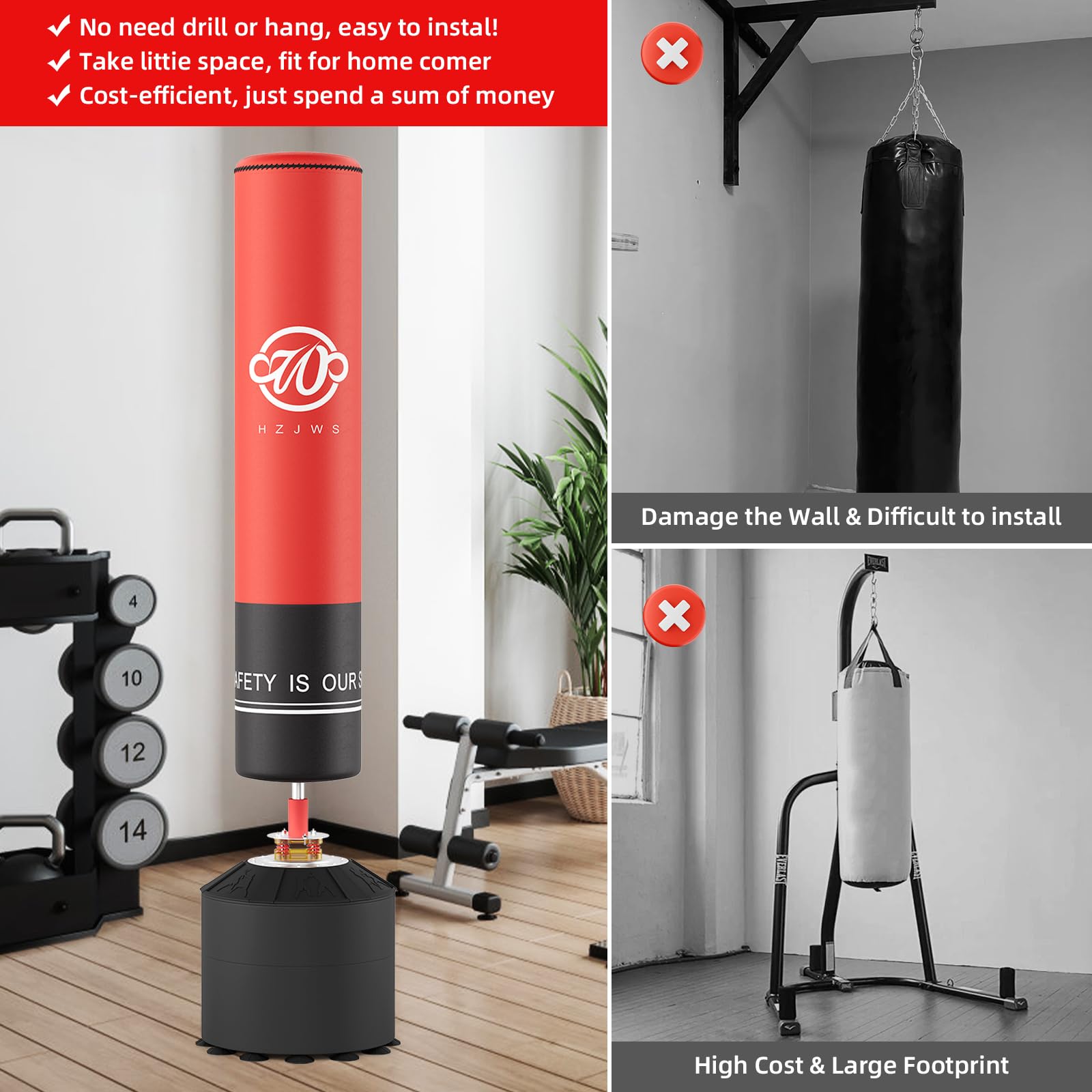 Sacco da boxe Garvee con supporto e ventosa, 70 pollici, pelle PU, assorbimento degli urti per palestra domestica e ufficio, rosso