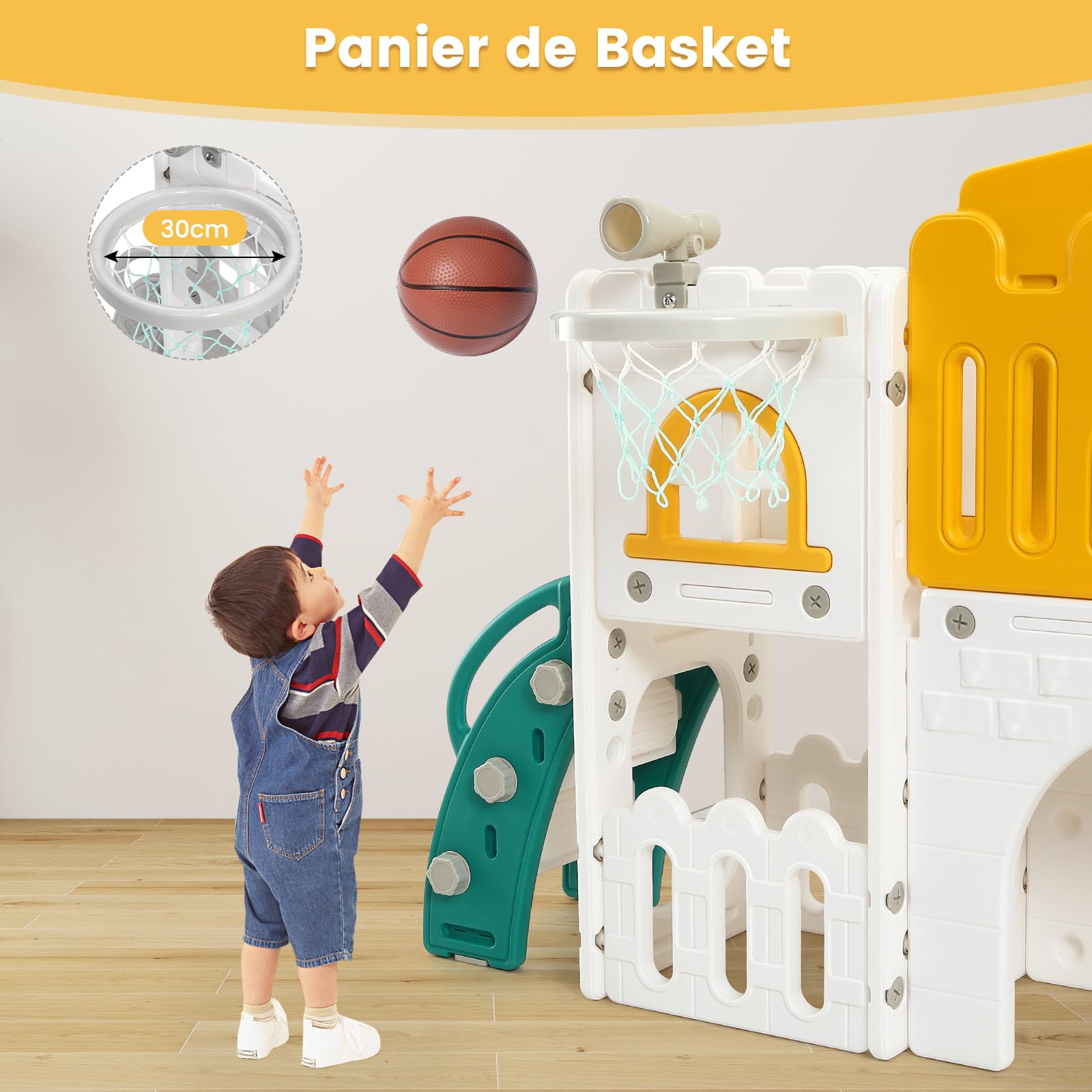 Scivolo per bambini Garvee 8 in 1 con struttura per arrampicata, telescopio, canestro da basket, tunnel per bambini da 1 a 3 anni, stabile, ecologico, design moderno