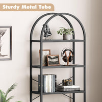 Libreria Garvee a 5 ripiani con struttura in metallo, ampio ripiano aperto, scaffalatura ad arco, nera per soggiorno e ufficio