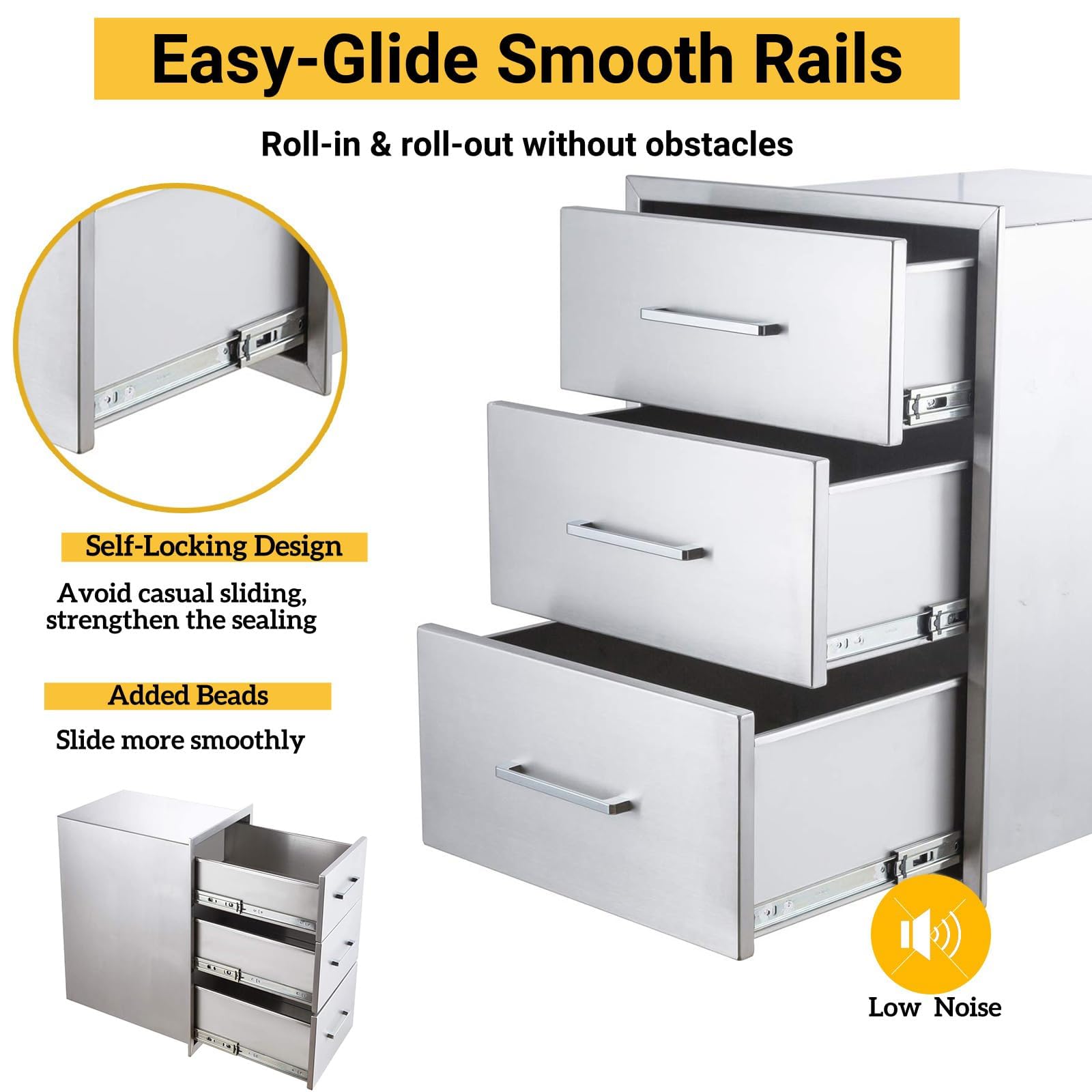 Cassetti da cucina per esterni Garvee 17"x24"x18" in acciaio inossidabile per barbecue a 3 livelli per giardino e terrazza, resistenti alle intemperie, argento