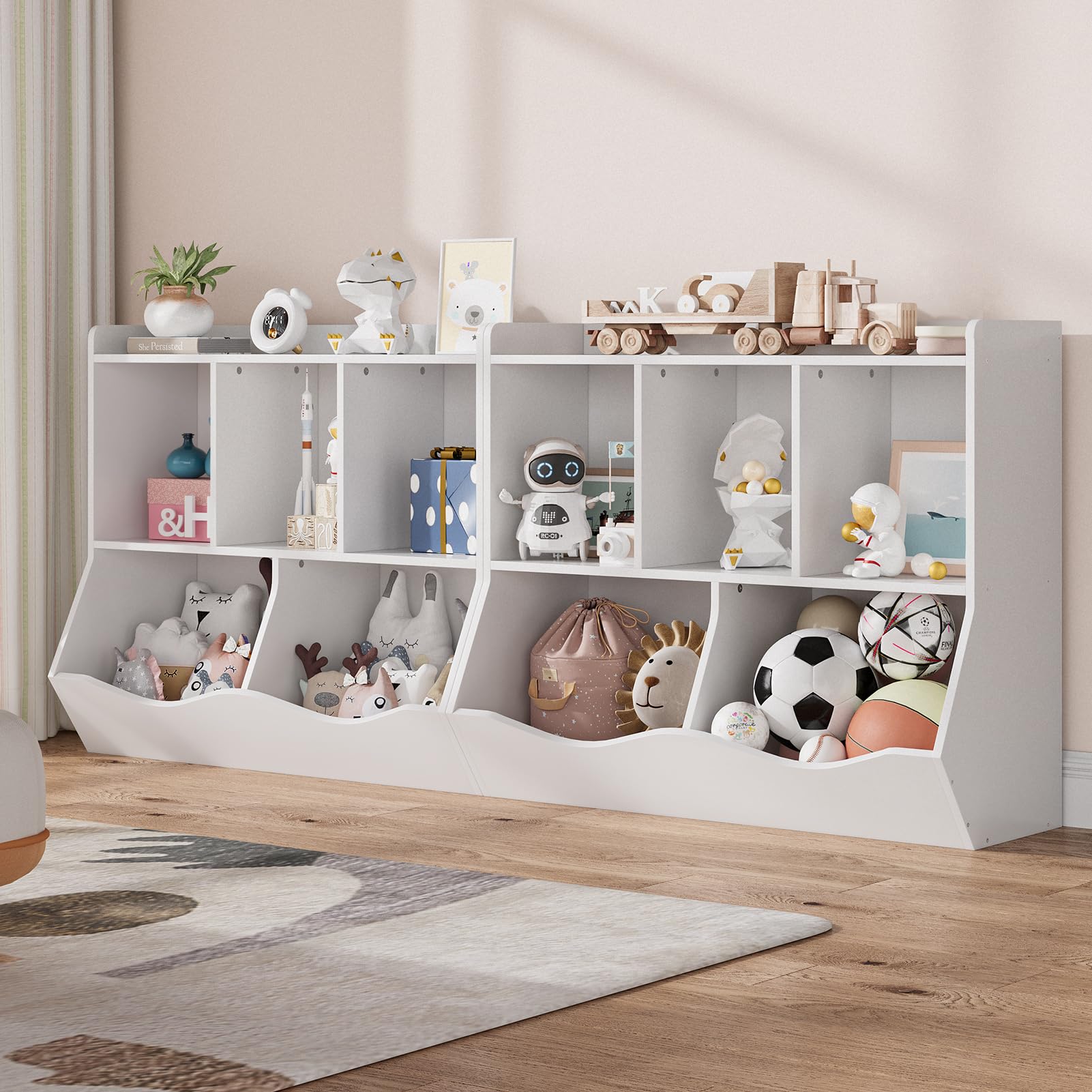 Libreria portagiochi per bambini Garvee con 3 scomparti aperti e 2 contenitori basculanti per camera da letto e sala giochi, in legno, 36x11x31 cm, colore legno naturale