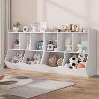 Libreria portagiochi per bambini Garvee con 3 scomparti aperti e 2 contenitori basculanti per camera da letto e sala giochi, in legno, 36x11x31 cm, colore legno naturale