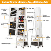 Mobiletto portagioie Garvee, specchio per il trucco con rotazione a 360°, in legno, bloccabile, con rotelle, grande capacità, bianco, soggiorno, camera da letto