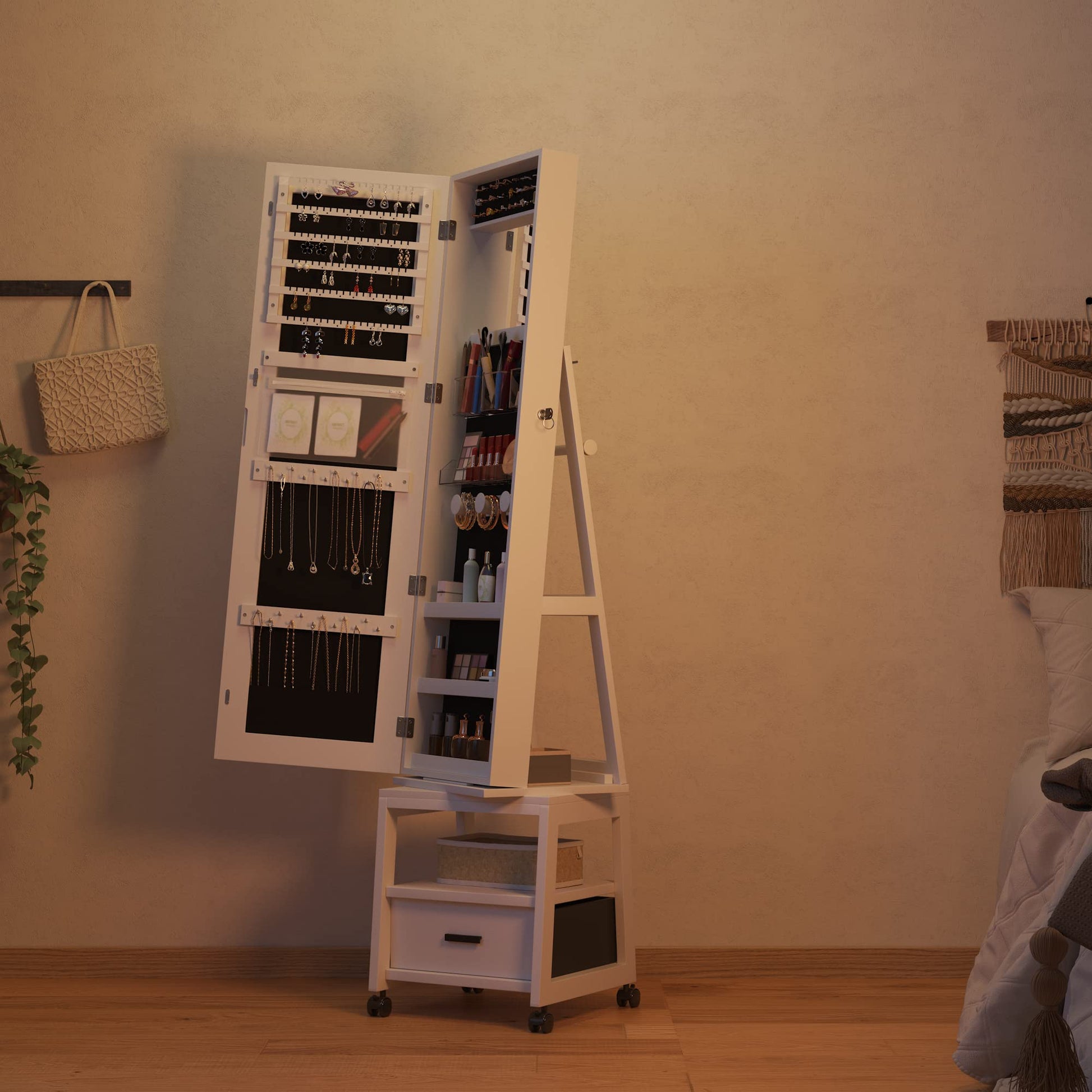 Mobiletto portagioie Garvee, specchio per il trucco con rotazione a 360°, in legno, bloccabile, con rotelle, grande capacità, bianco, soggiorno, camera da letto
