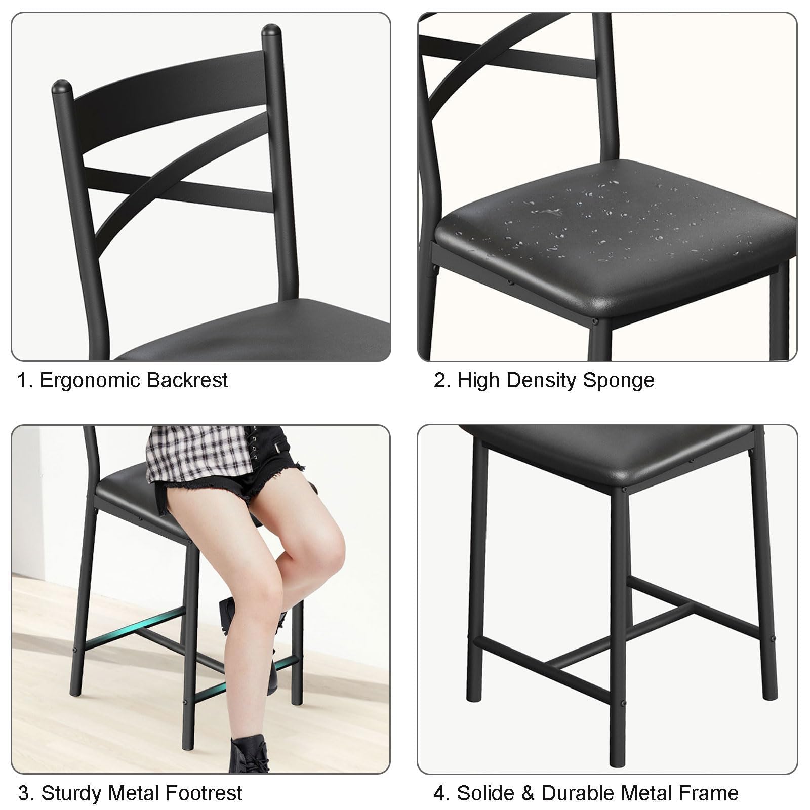 Set di 2 sgabelli da bar Garvee, struttura in metallo, seduta in PU, design a X, schienale, poggiapiedi, 26" nero, isola cucina, sala da pranzo