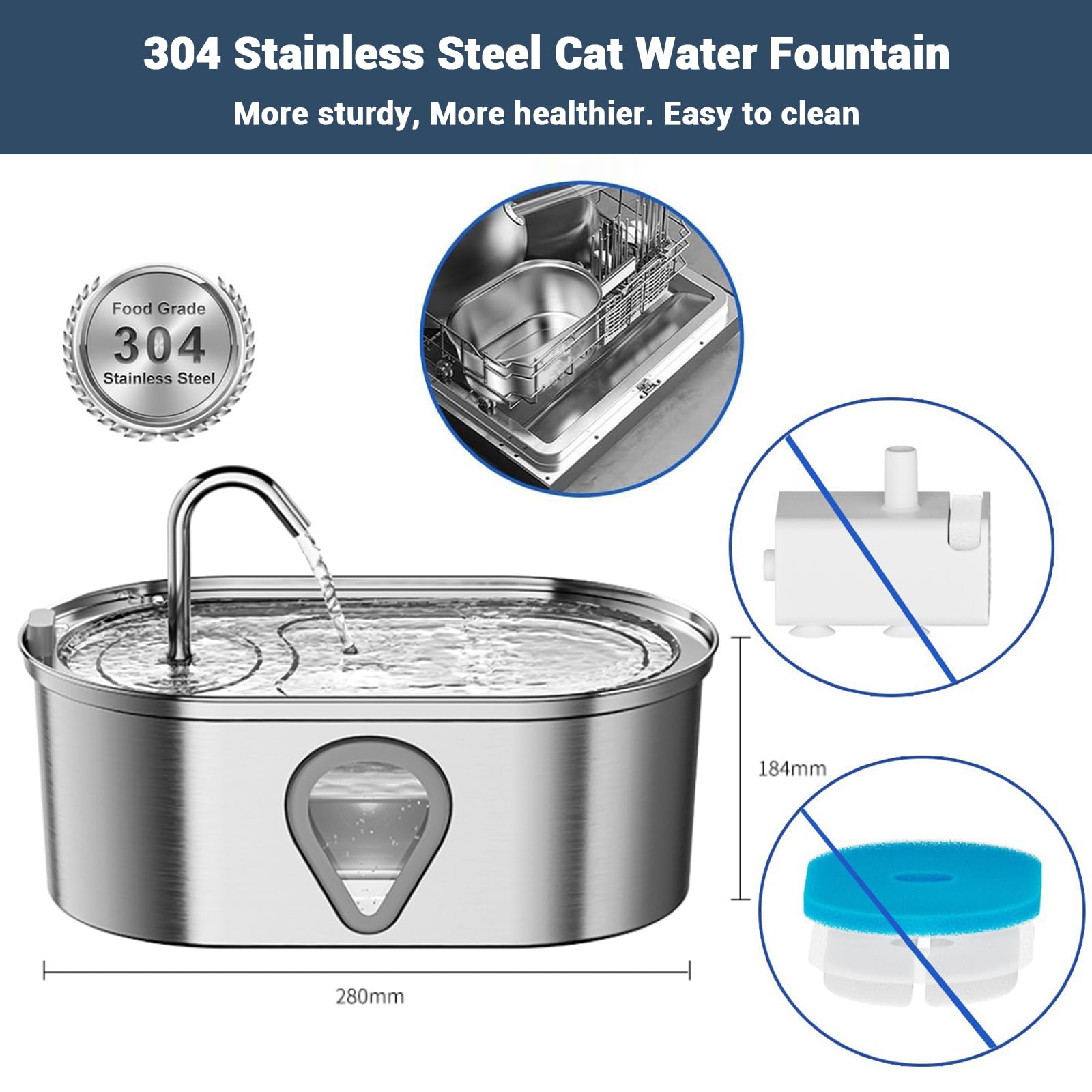 Fontanella per gatti Garvee da 3,5 l in acciaio inox con filtro silenzioso e finestra di visualizzazione per gatti e cani