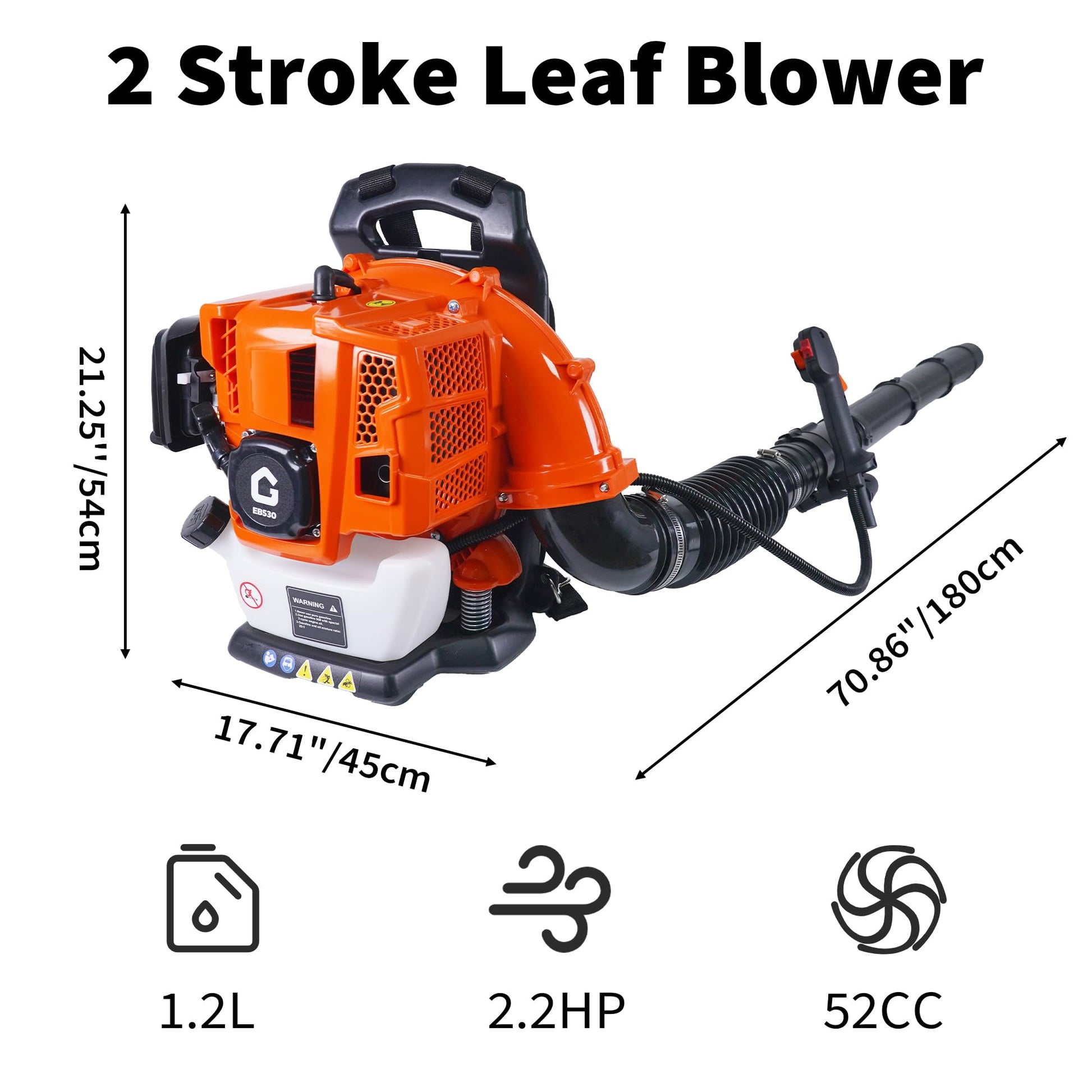 Soffiatore per foglie a zaino Garvee 52CC, motore a 2 tempi da 2,2 CV, per giardino e neve, 780 CFM, ergonomico, leggero, serbatoio da 1,2 l, impugnatura antivibrazione