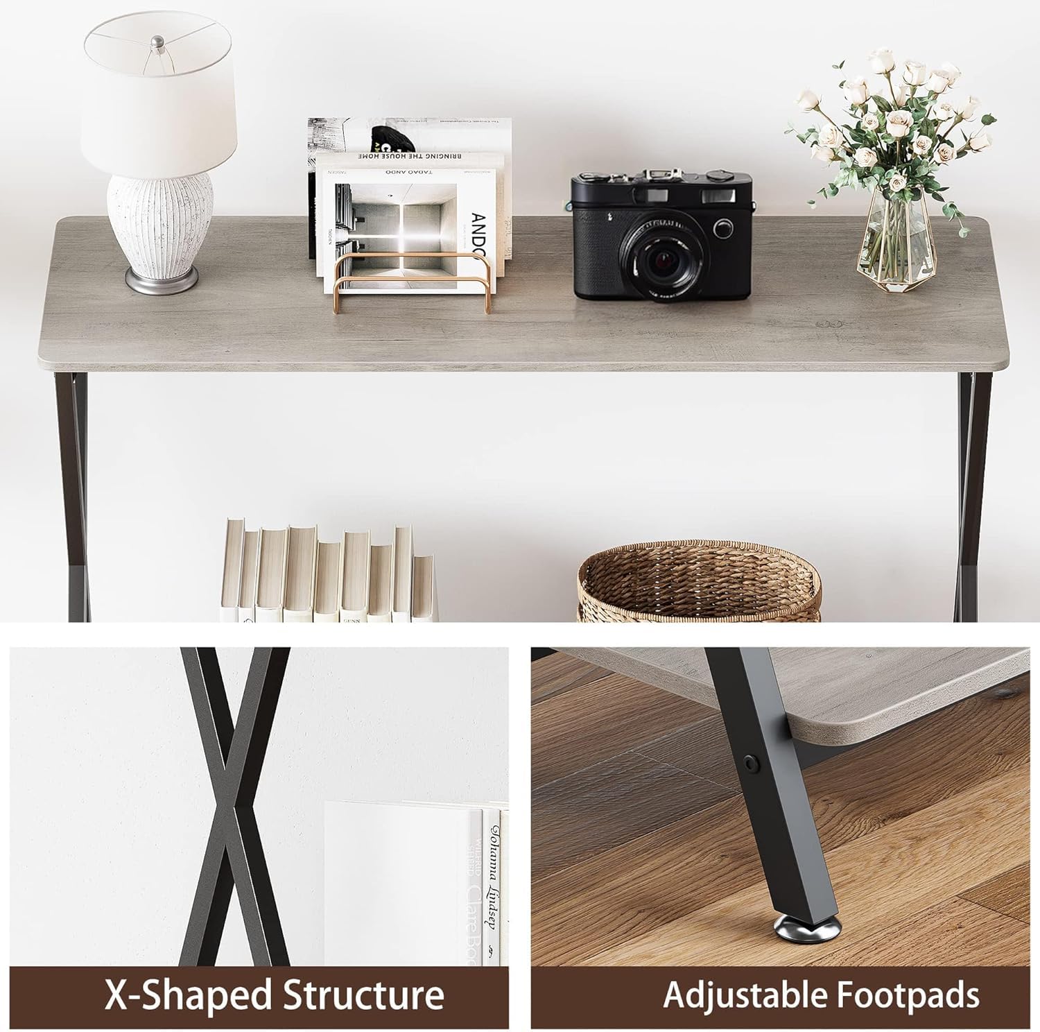 Tavolo consolle stretto Garvee, 2 ripiani, stile industriale, legno MDF e metallo, per soggiorno e corridoio, 84,5 cm di lunghezza x 30 cm di larghezza x 80 cm di altezza, nero