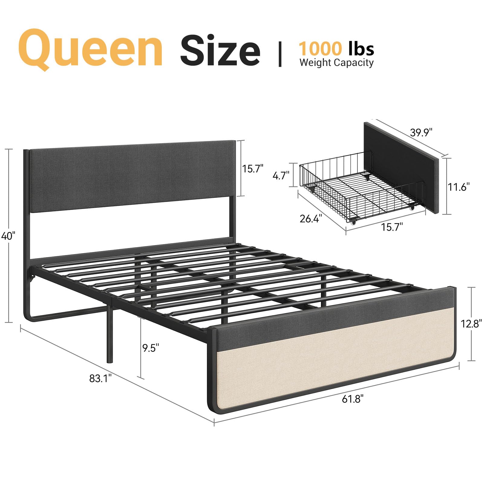 Letto matrimoniale Garvee con testiera, 2 cassetti, doghe in metallo, silenzioso, tessuto in lino grigio, camera da letto