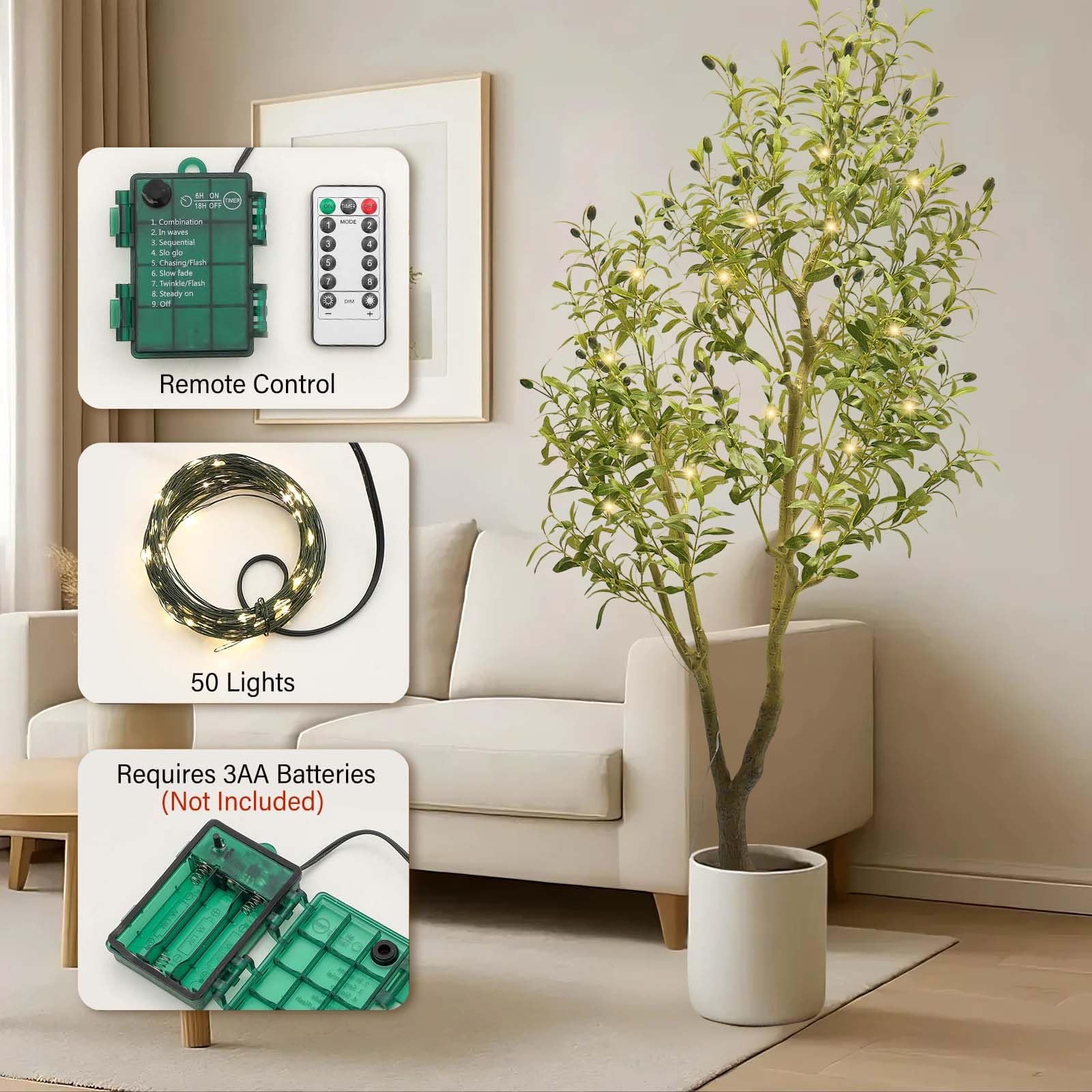 Garvee Albero di ulivo artificiale a LED con luci e timer, decorazione per interni, 180 cm, verde, bianco caldo